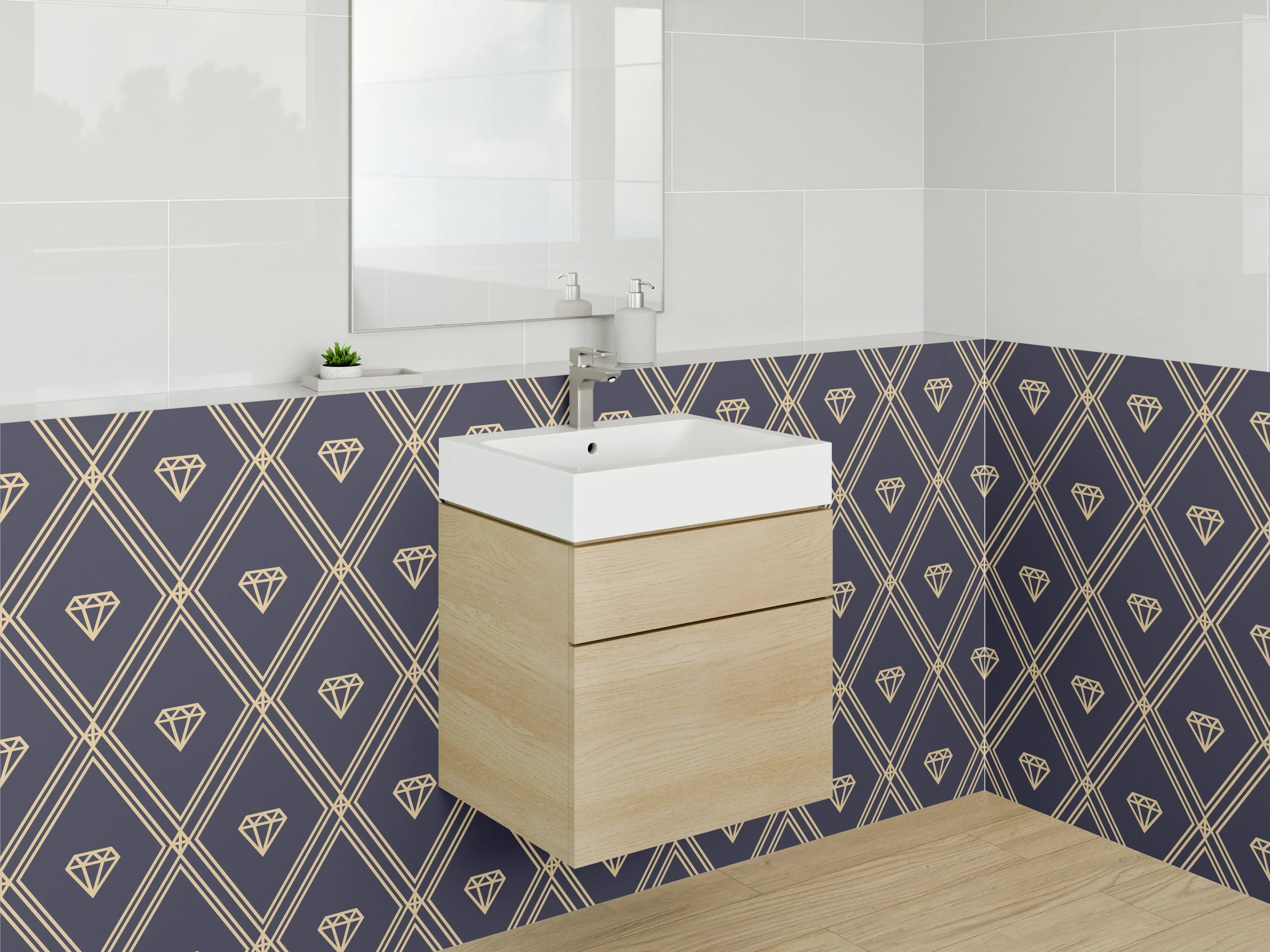 Waschbecken-Rückwand - Diamant Muster Gold auf Dunkelblau