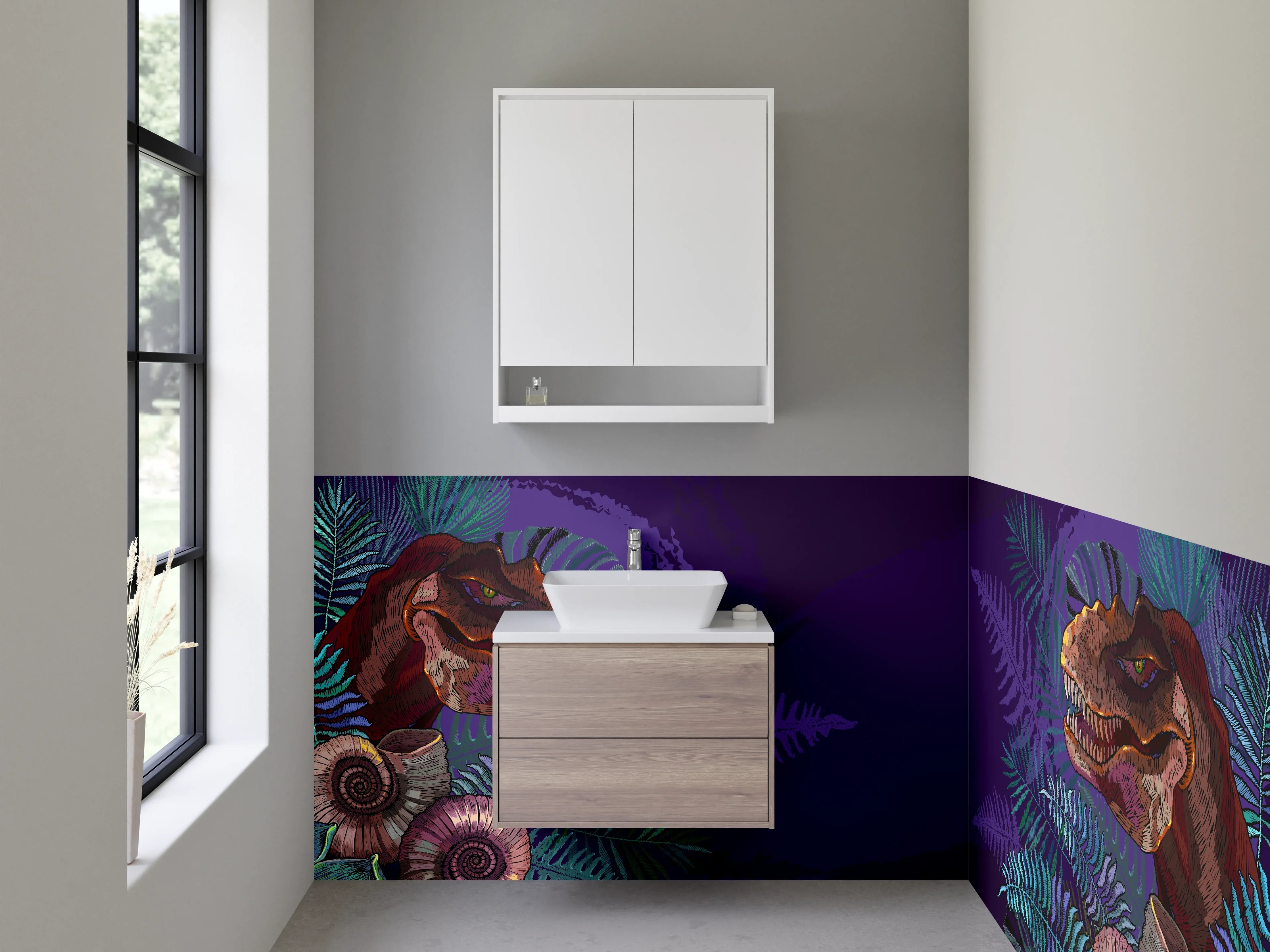 Waschbecken-Rückwand - Dinosaurier und Farn Blätter Wandbild
