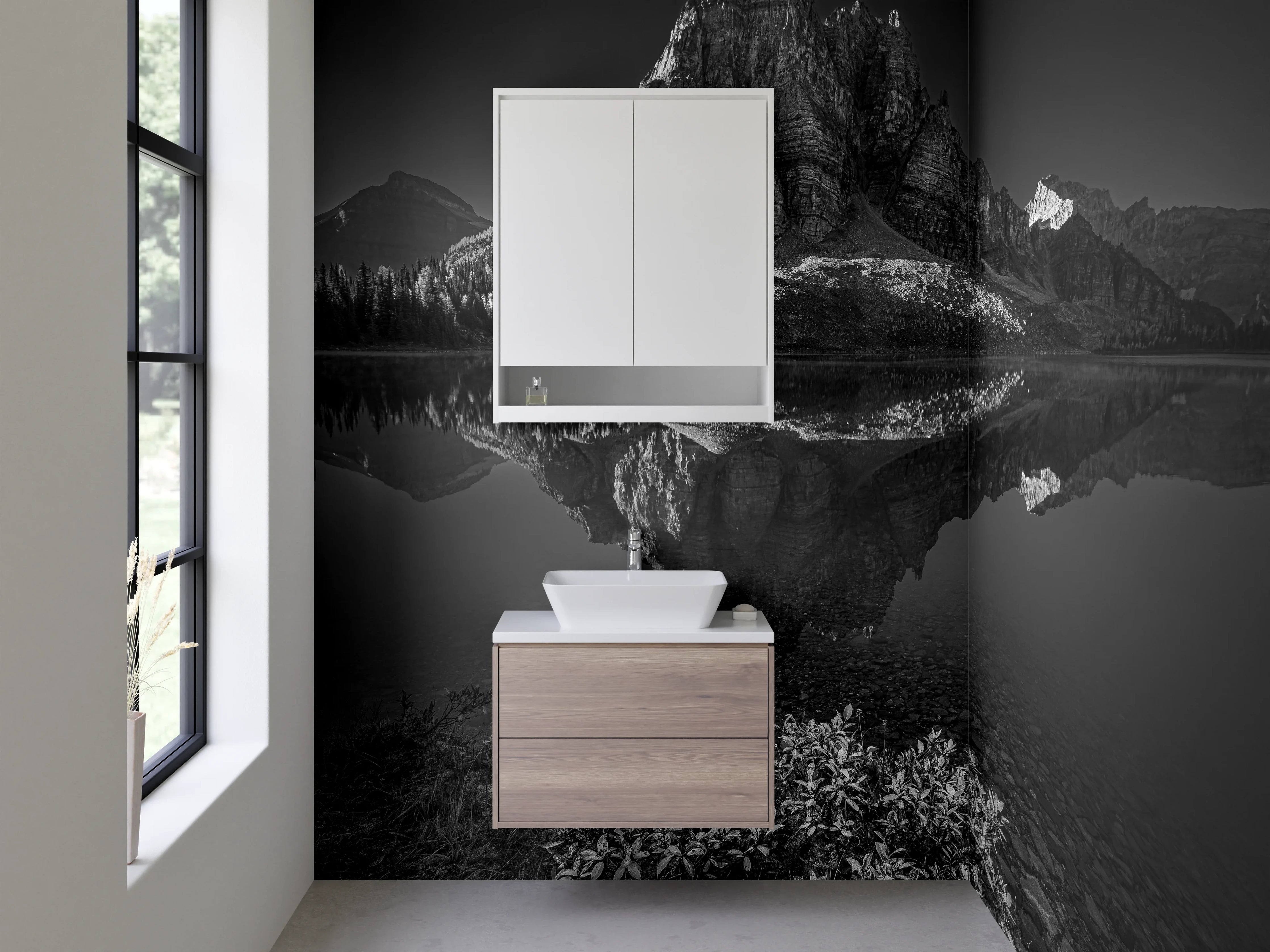 Waschbecken-Rückwand - Dramatische Bergspitze im Schwarz-Weiß-Look