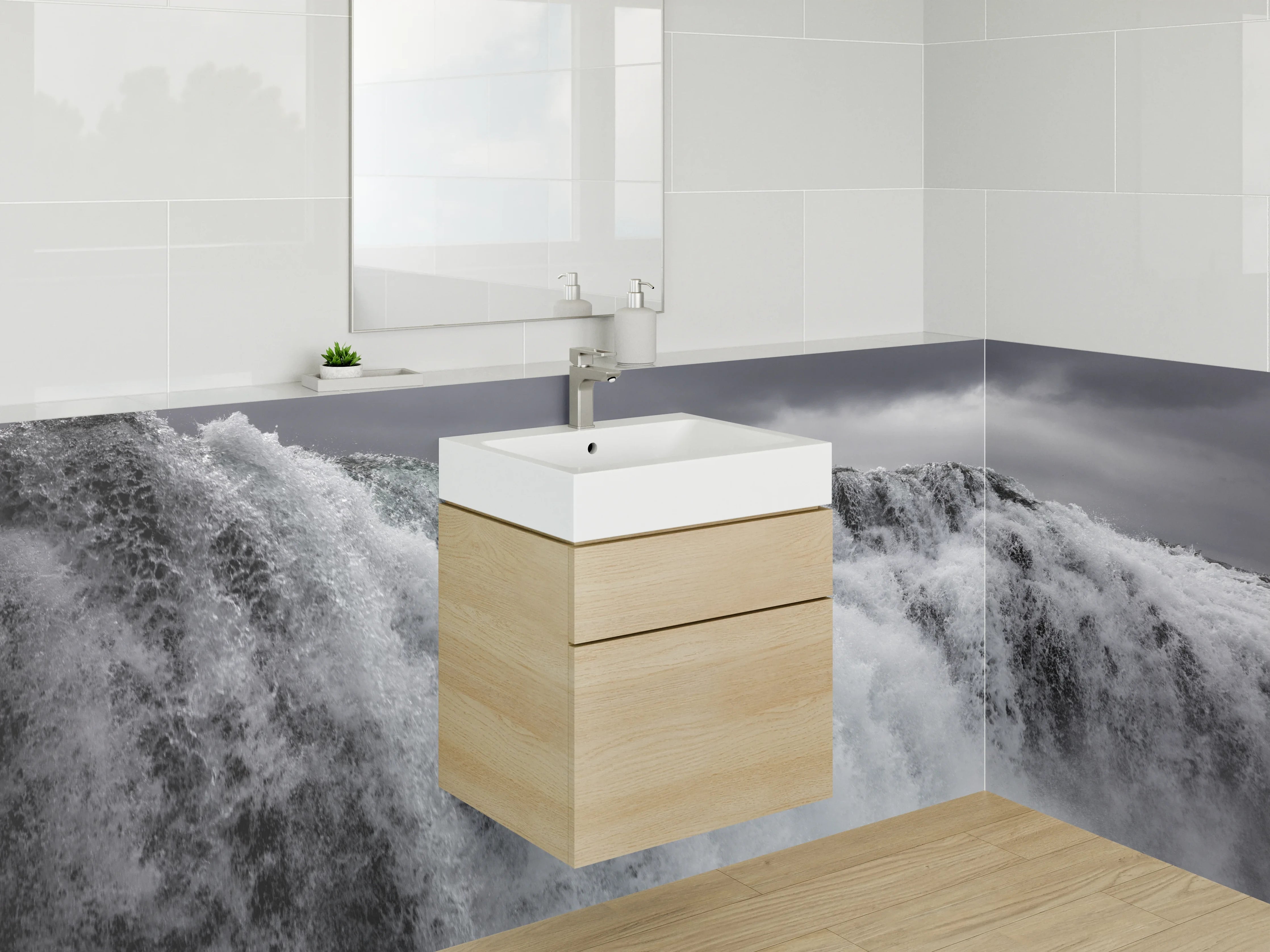 Waschbecken-Rückwand - Dramatischer Wasserfall unter Wolken