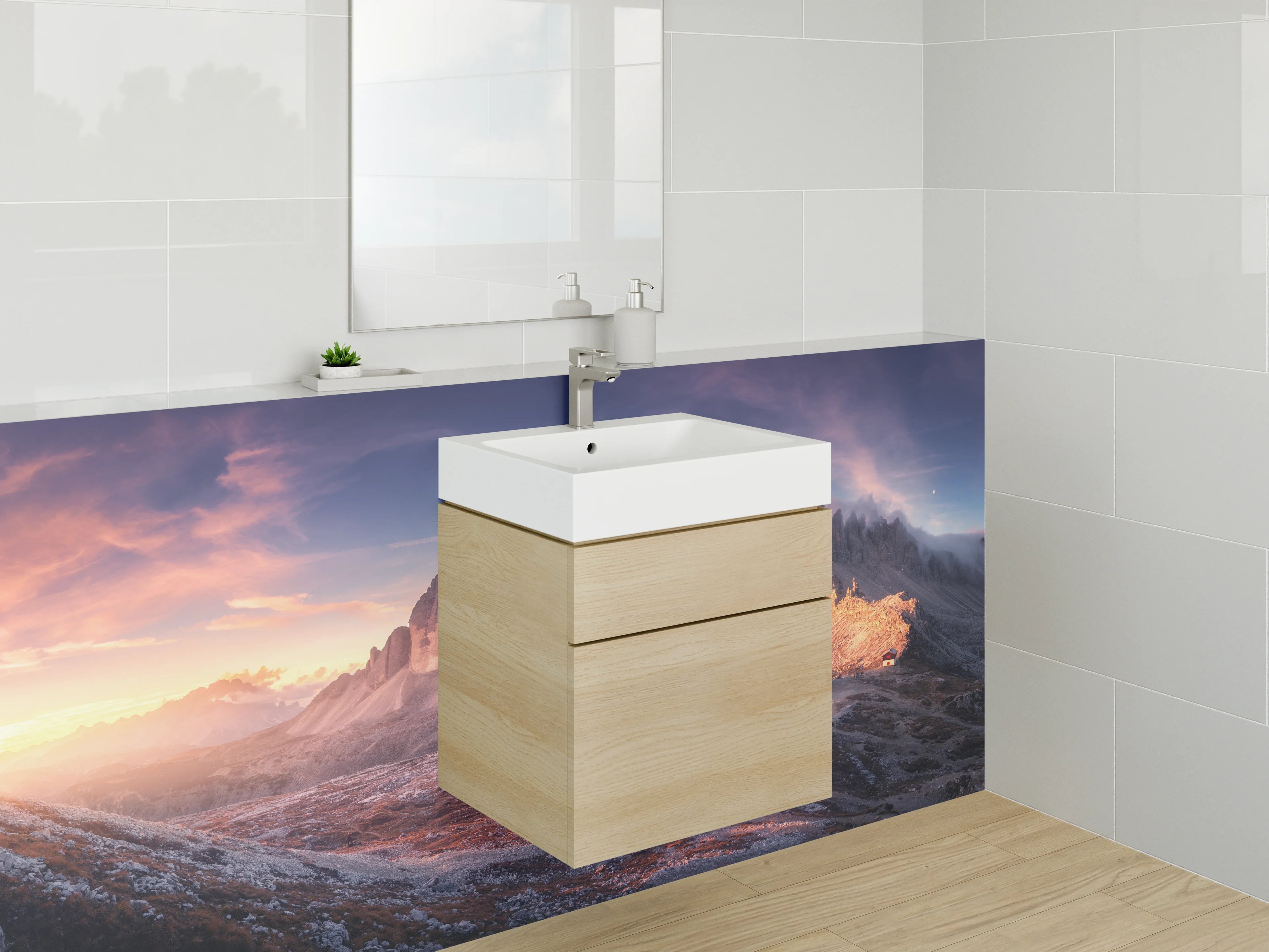 Waschbecken-Rückwand - Drei Gipfel bei Sonnenaufgang im Gebirge