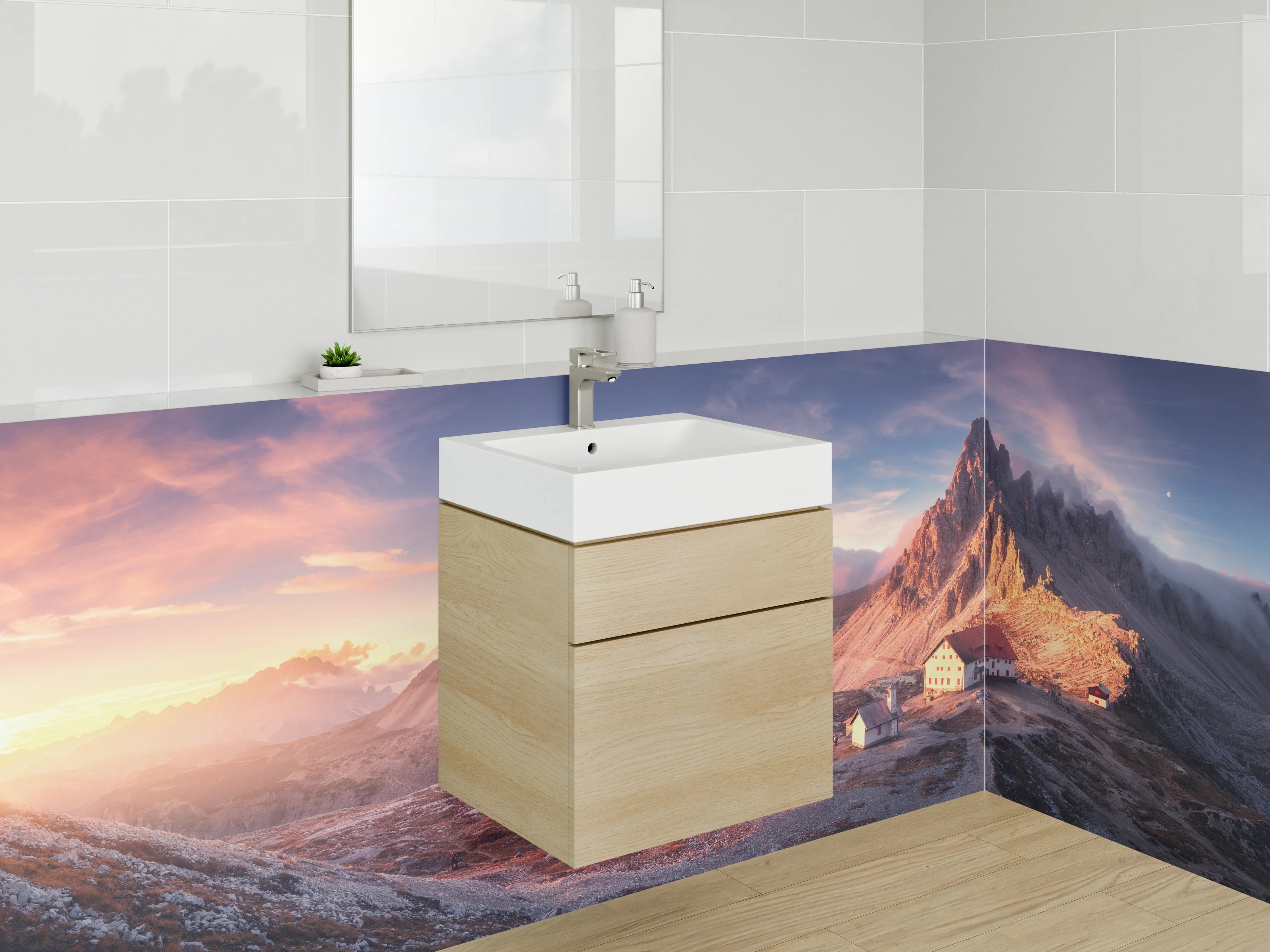 Waschbecken-Rückwand - Drei Gipfel bei Sonnenaufgang im Gebirge