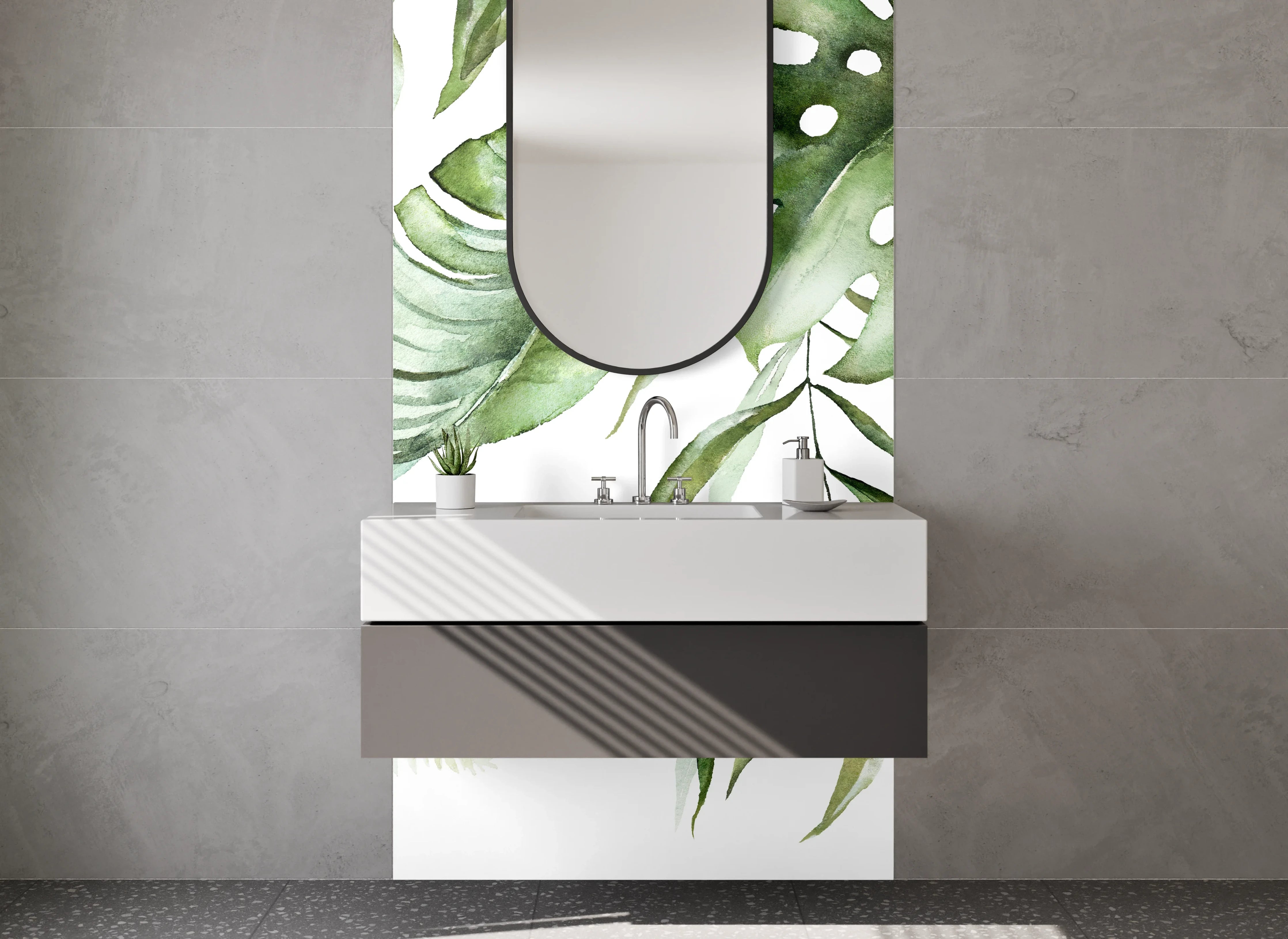 Waschbecken-Rückwand - Dschungel-Aquarell Blätter grün modern