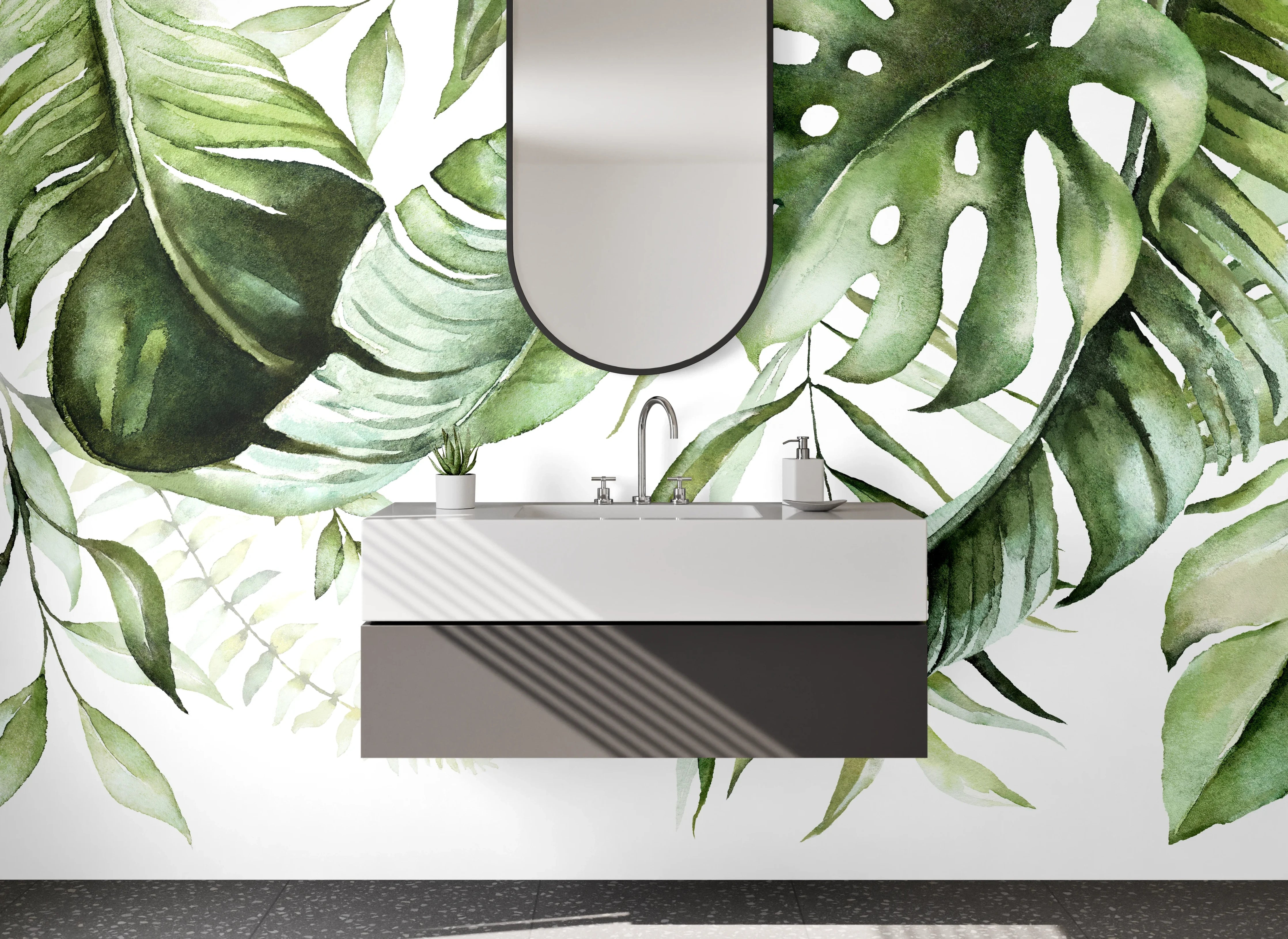 Waschbecken-Rückwand - Dschungel-Aquarell Blätter grün modern