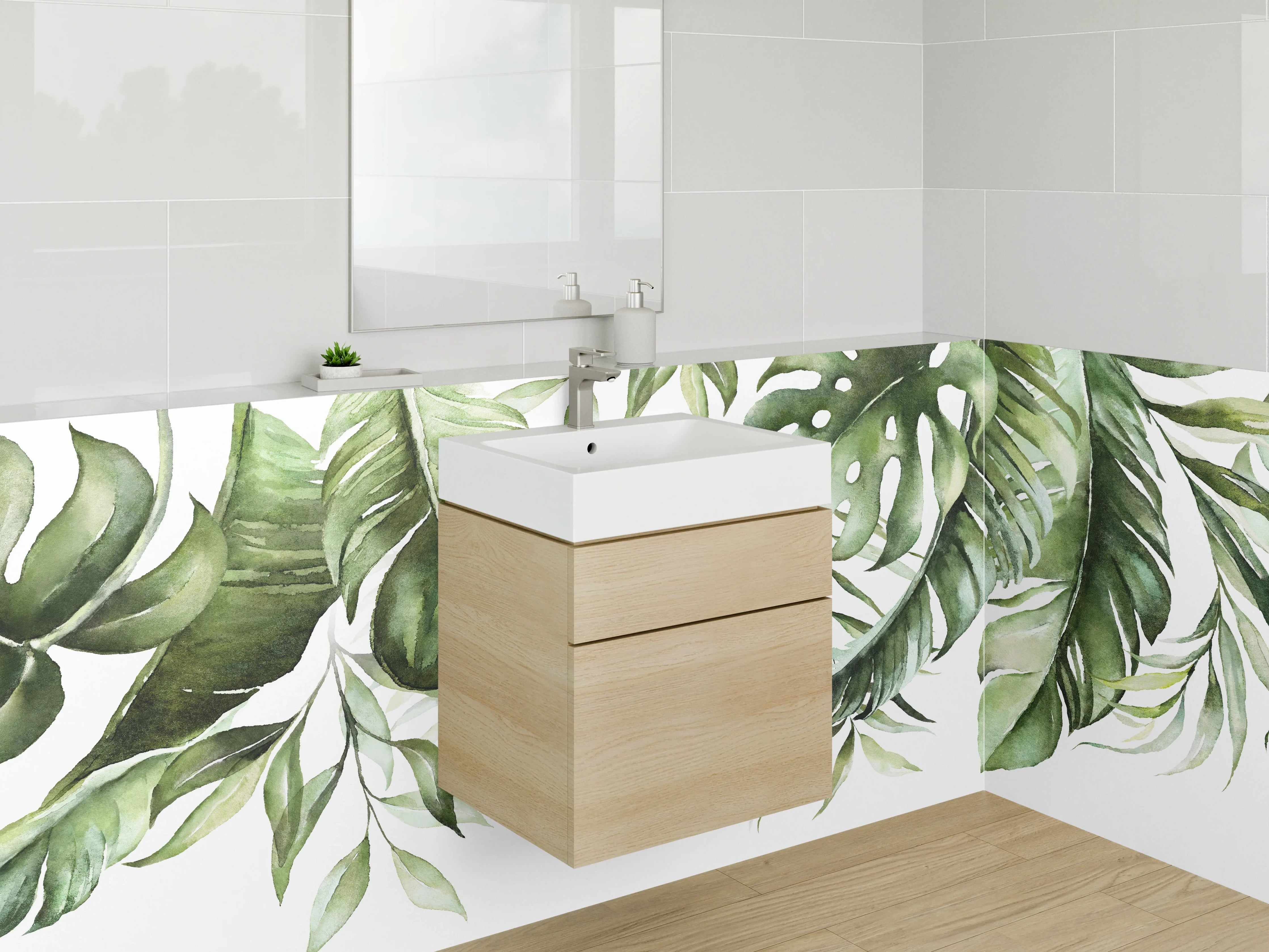 Waschbecken-Rückwand - Dschungel-Aquarell Blätter grün modern