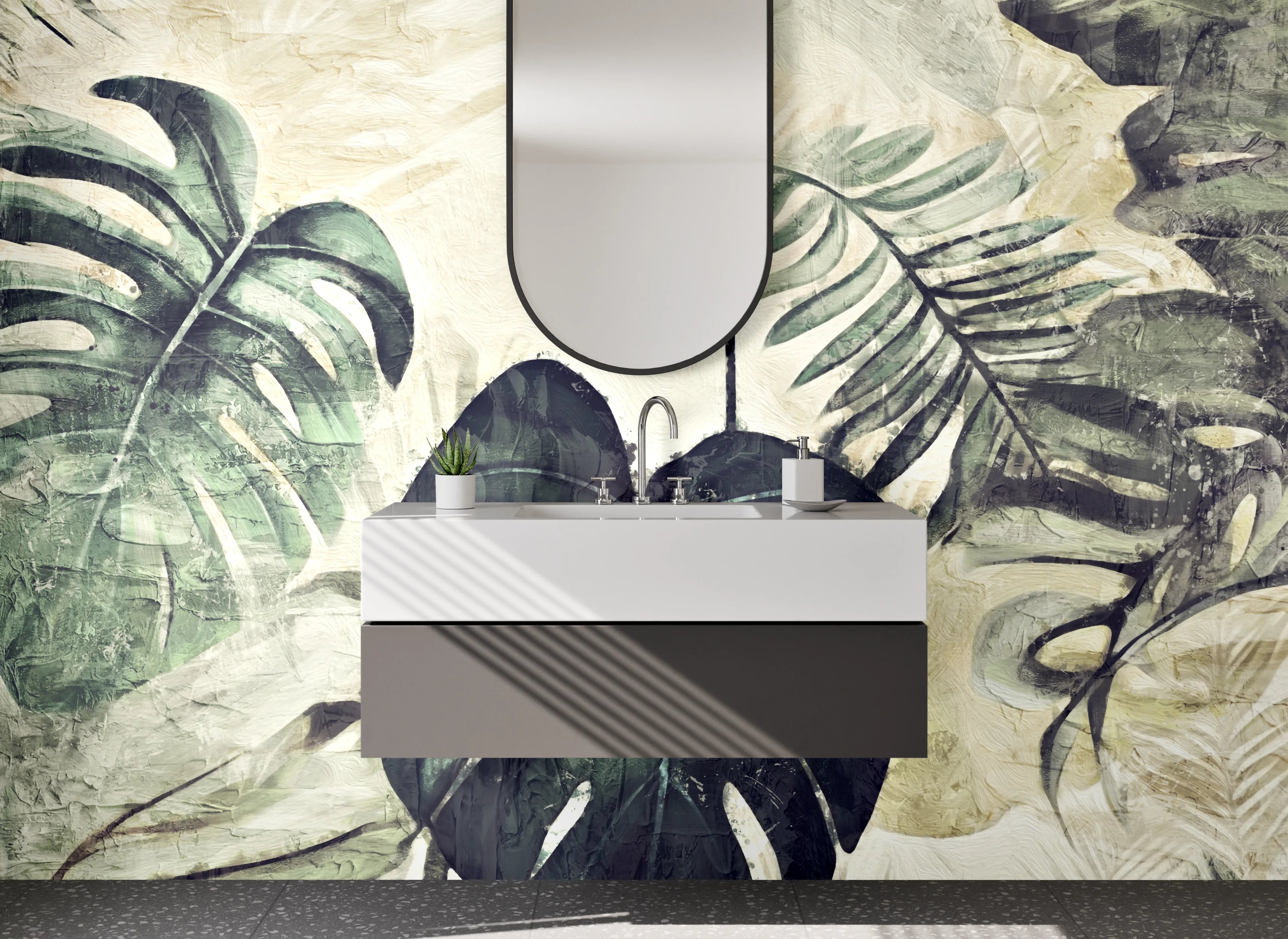 Waschbecken-Rückwand - Dschungel Aquarell Monstera-Blätter Grün