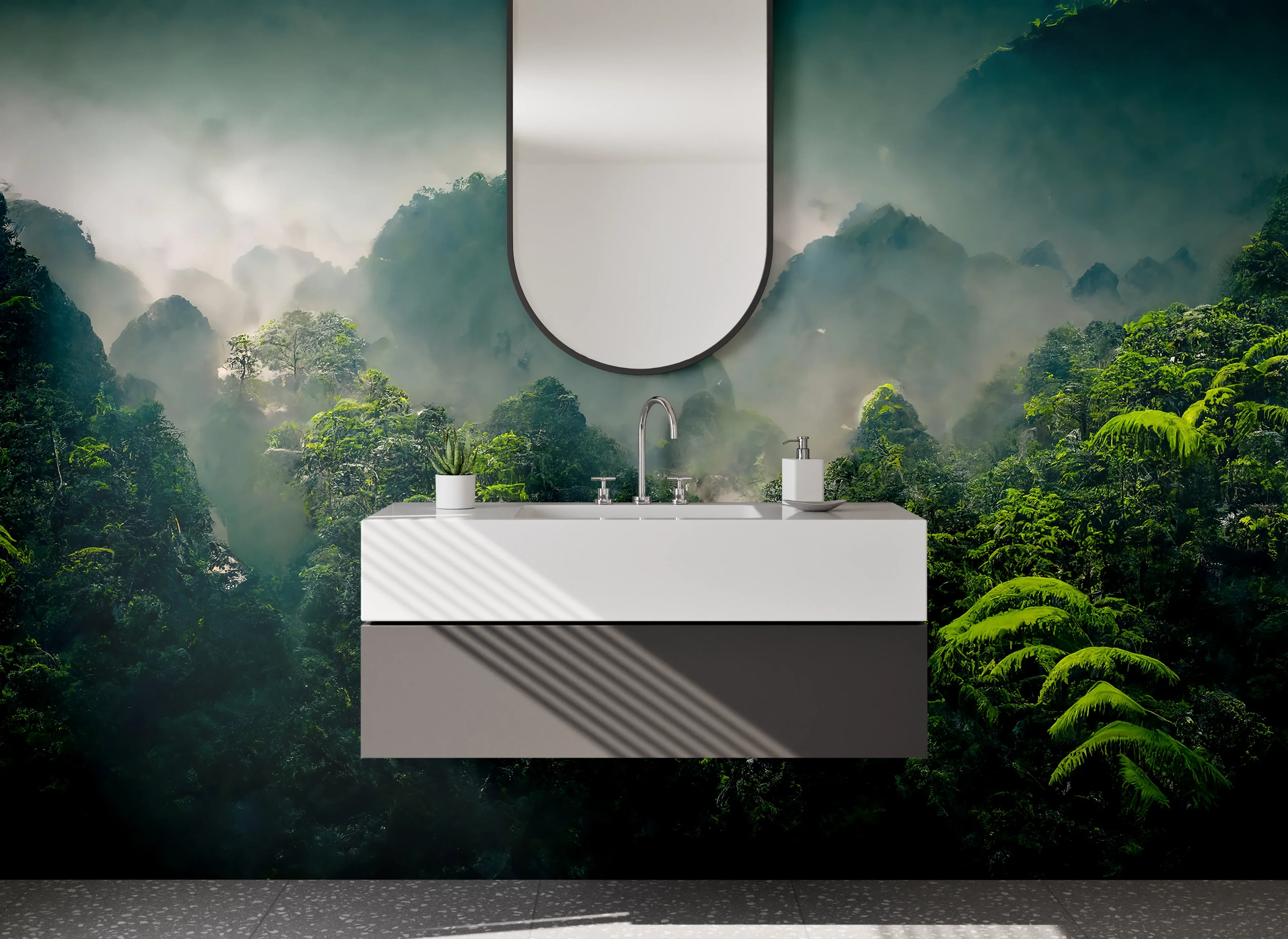 Waschbecken-Rückwand - Dschungel in Nebel gehüllt