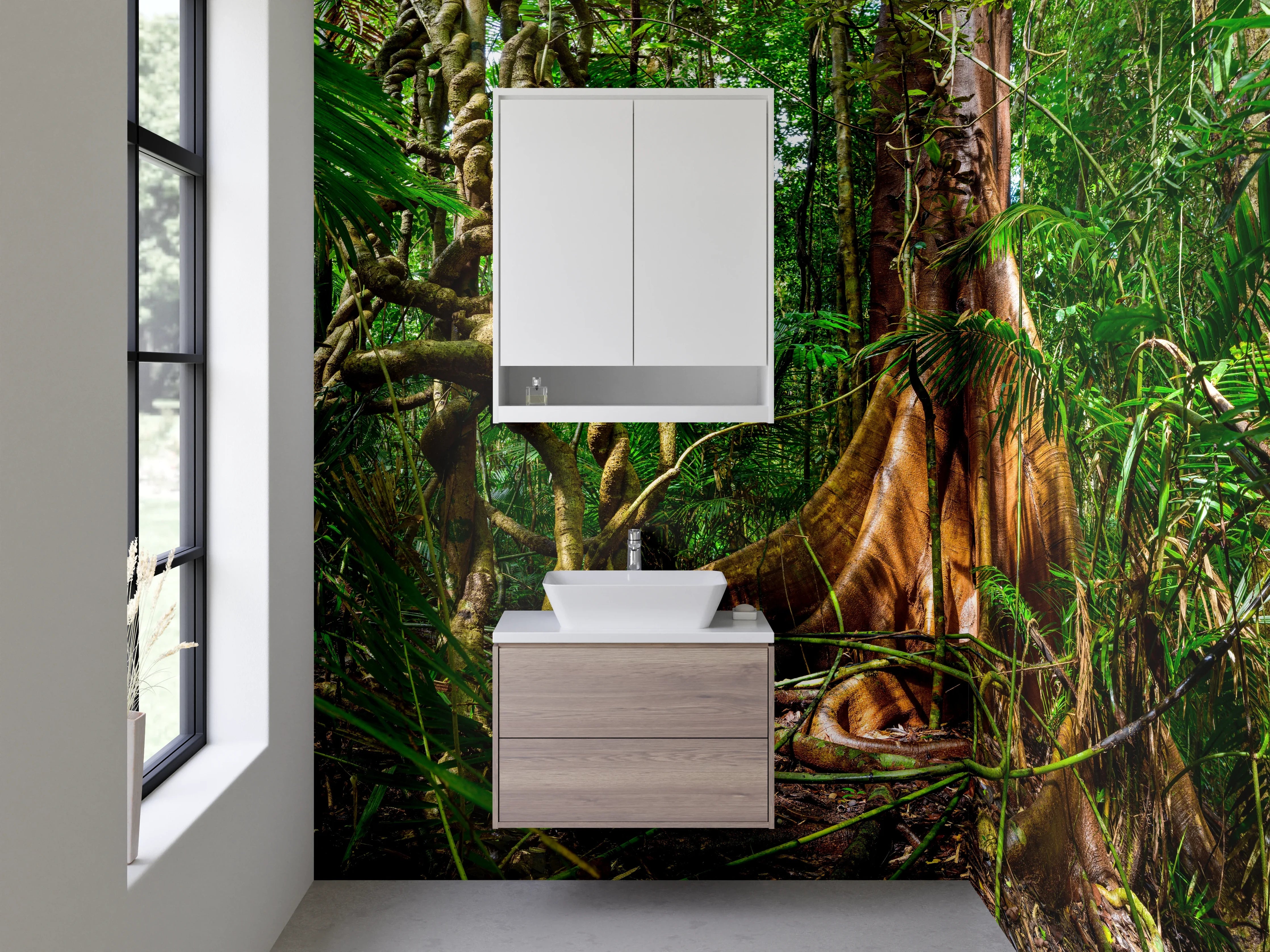 Waschbecken-Rückwand - Dschungel mit riesigem Baumstumpf