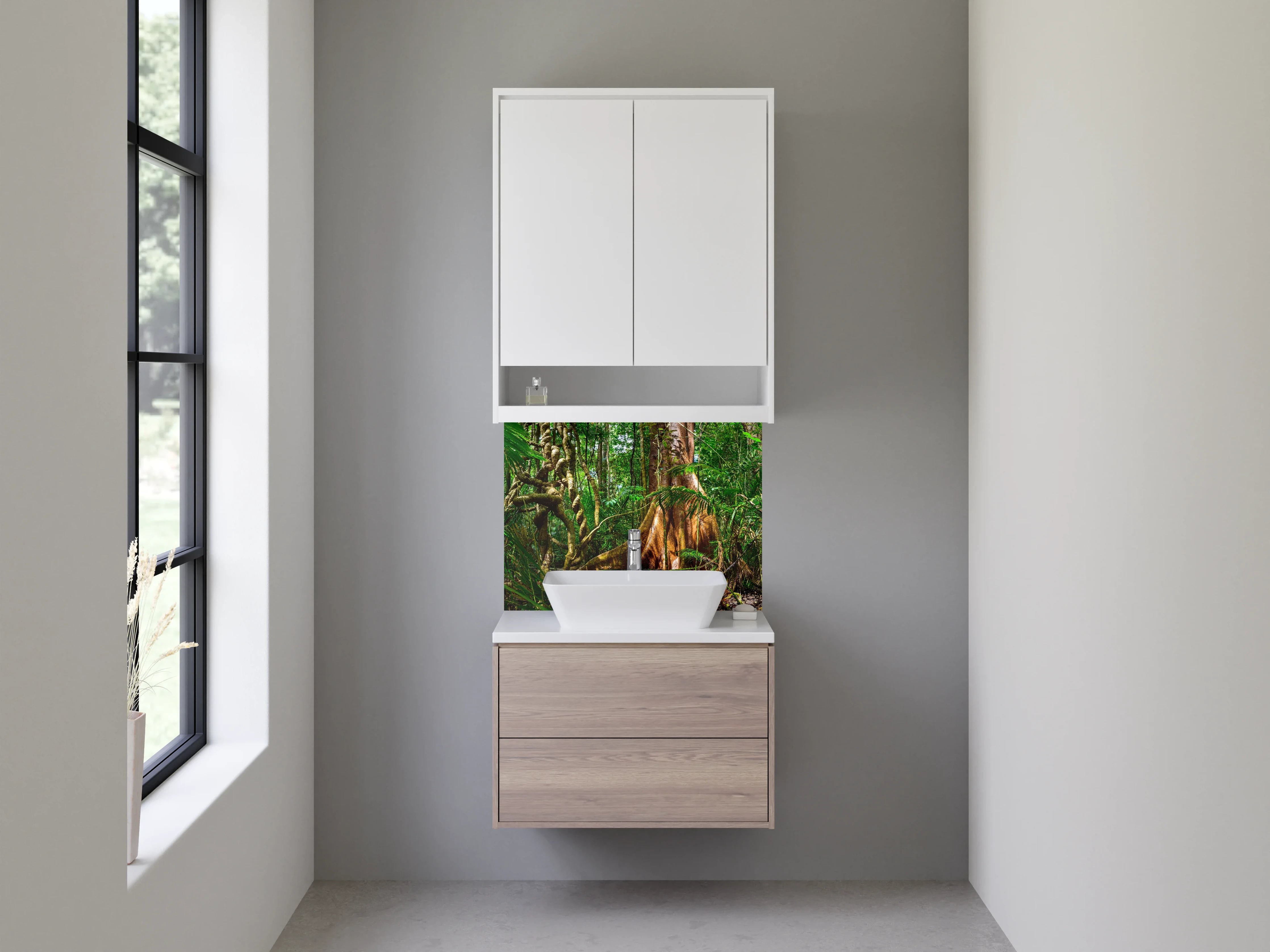 Waschbecken-Rückwand - Dschungel mit riesigem Baumstumpf