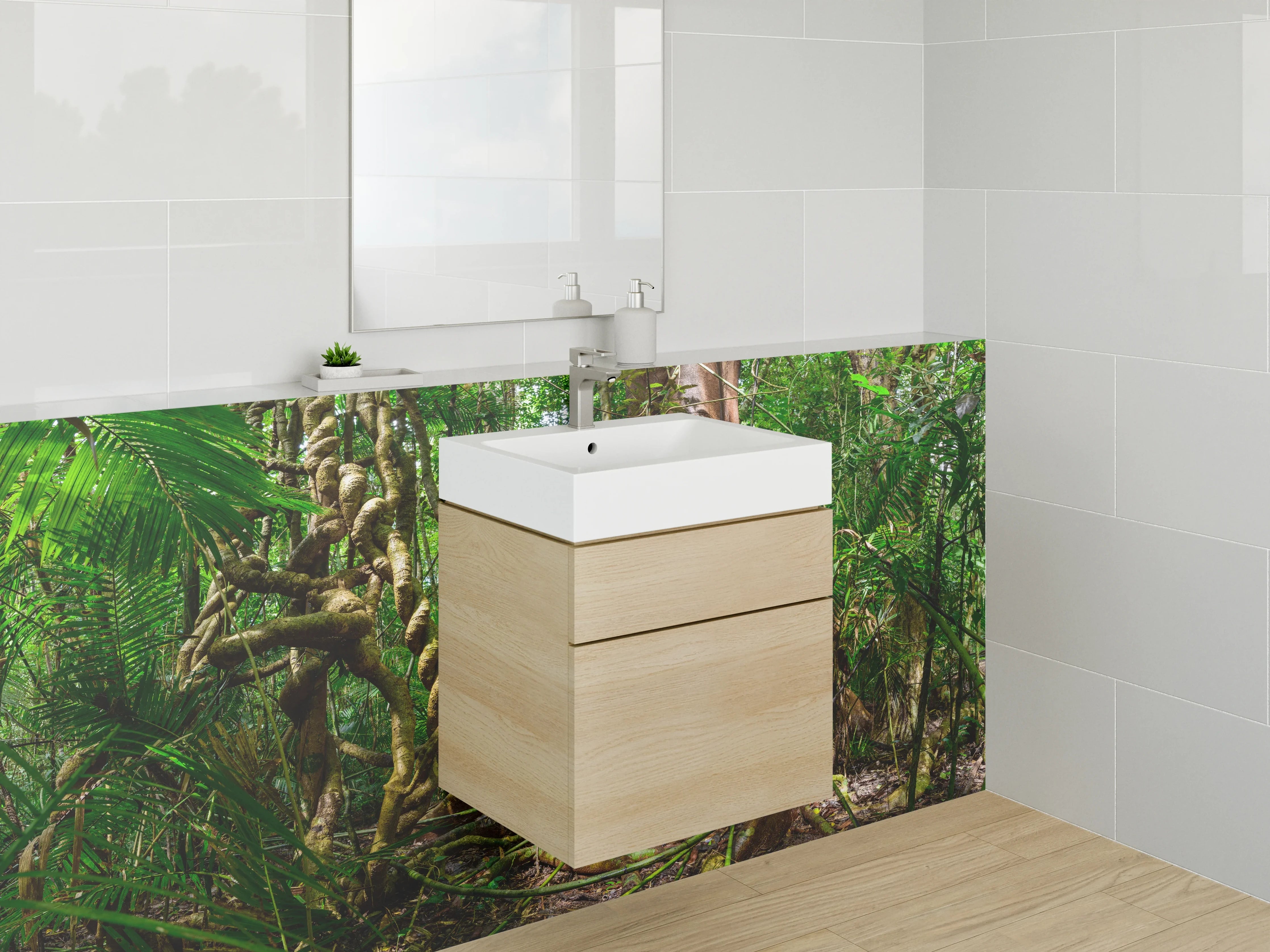 Waschbecken-Rückwand - Dschungel mit riesigem Baumstumpf