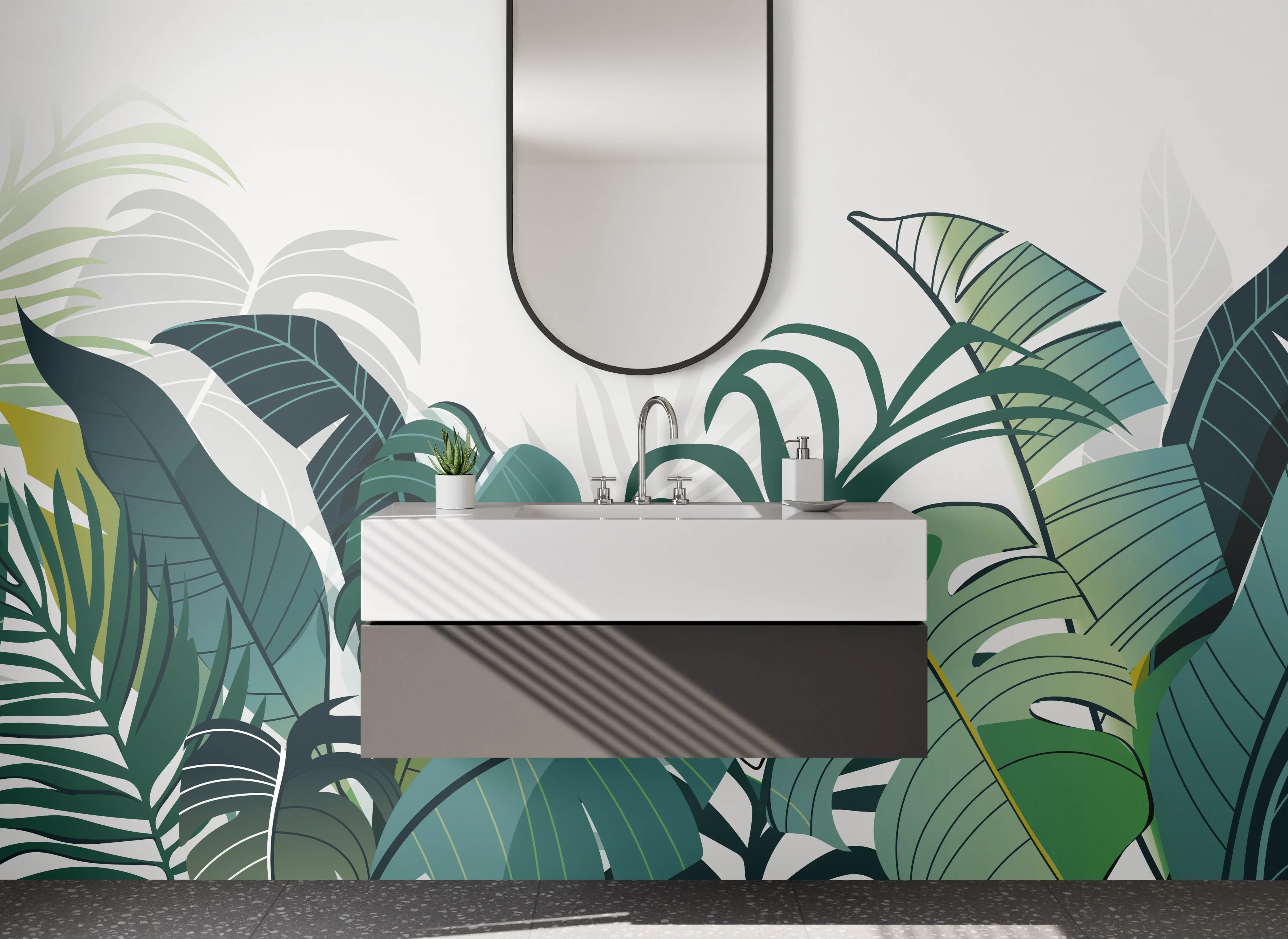 Waschbecken-Rückwand - Dschungelblätter Illustration Grün Weiß