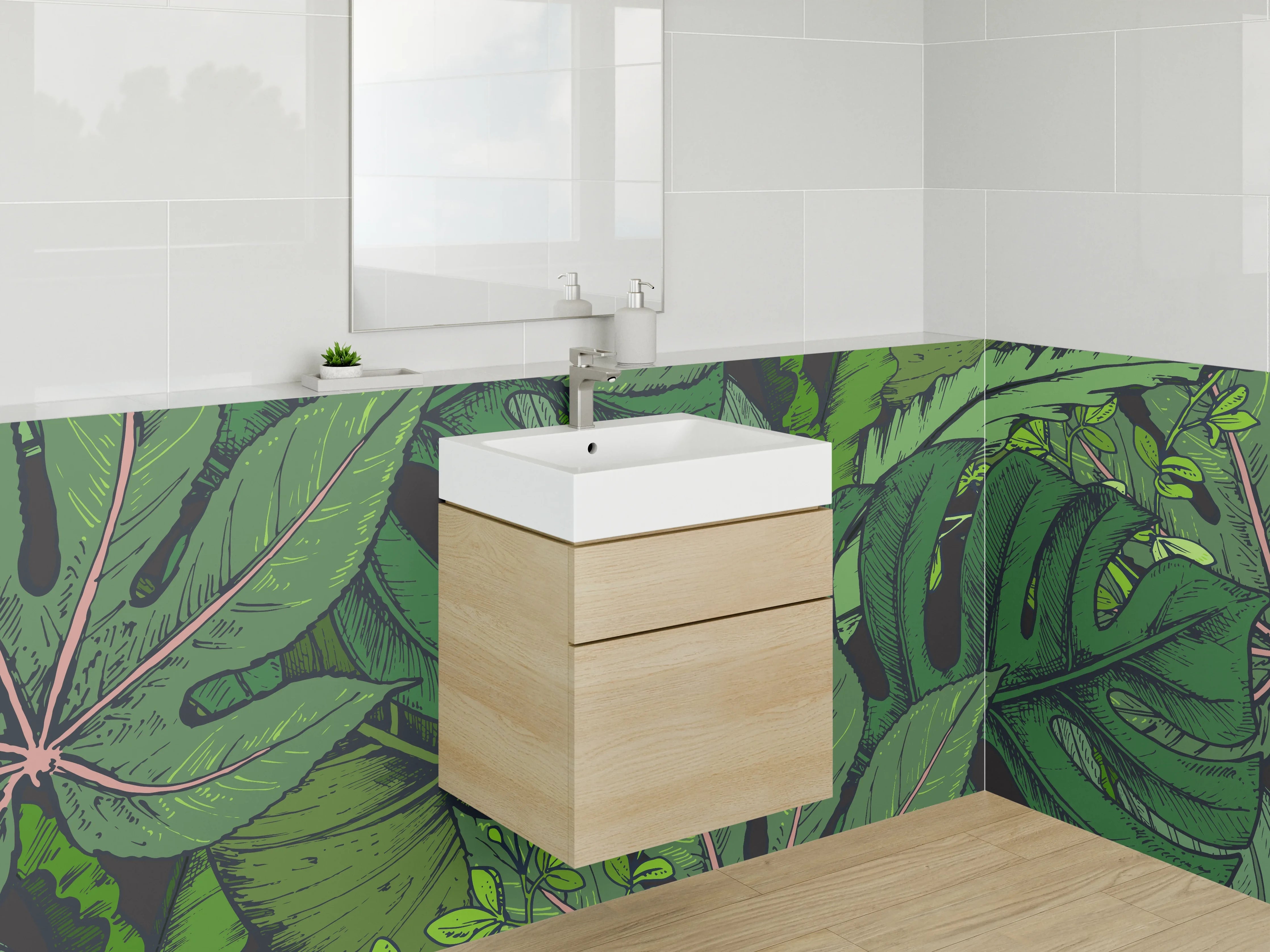 Waschbecken-Rückwand - Dschungelblätter Illustration grün tropisch