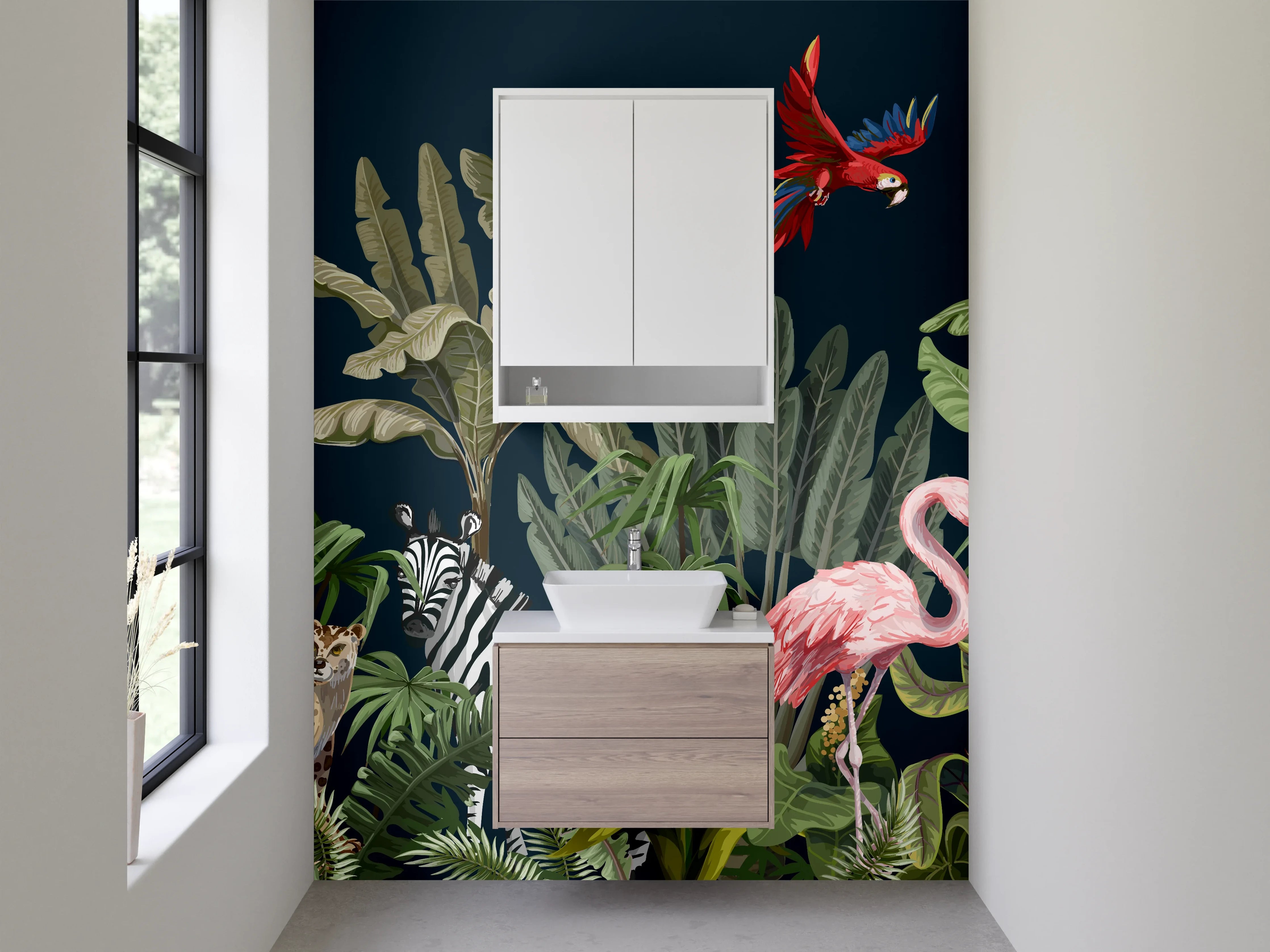 Waschbecken-Rückwand - Dschungeltiere Illustration auf dunklem Hintergrund