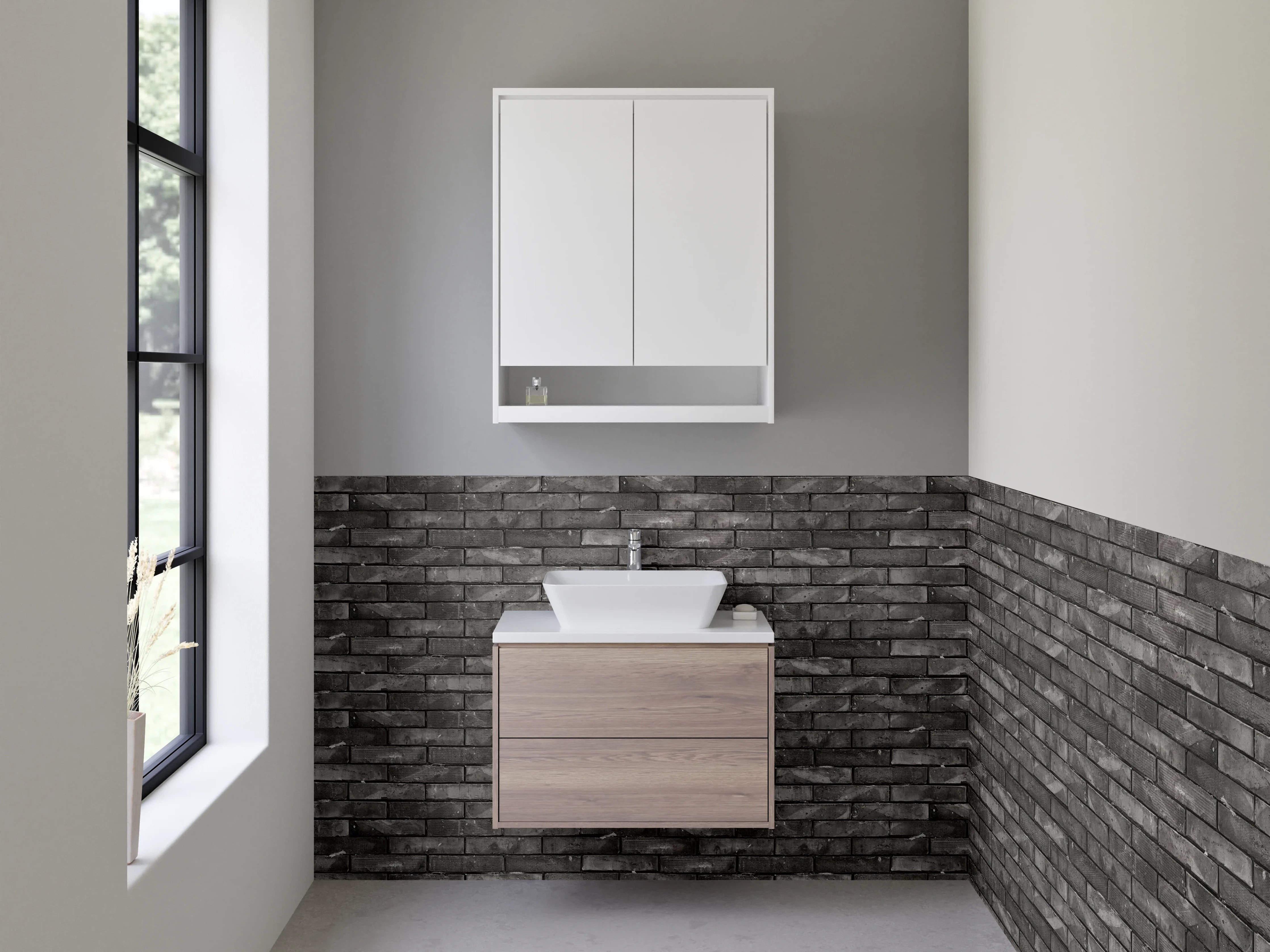 Waschbecken-Rückwand - Dunkle Backstein-Optik Fliesenwand