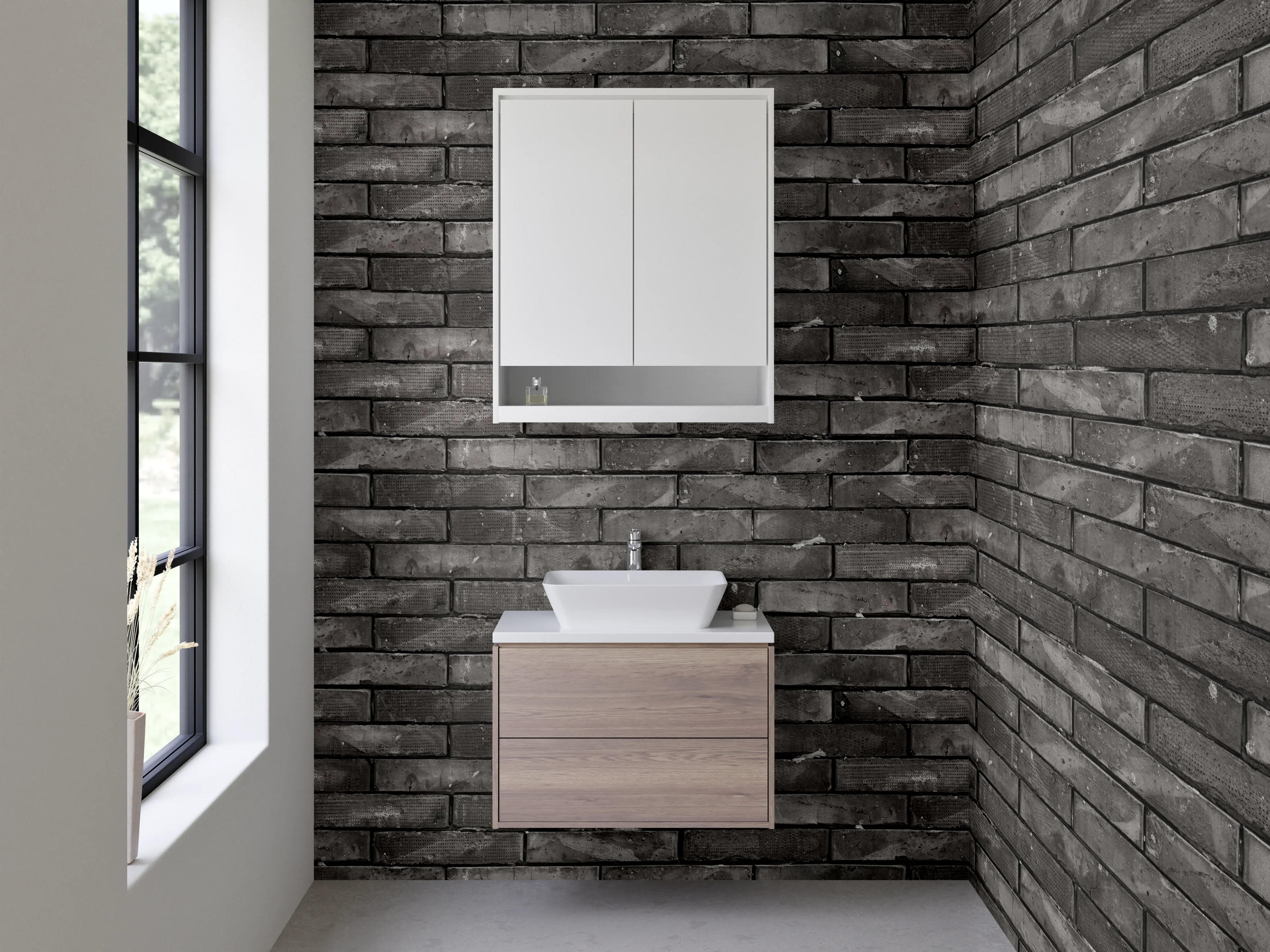Waschbecken-Rückwand - Dunkle Backstein-Optik Fliesenwand