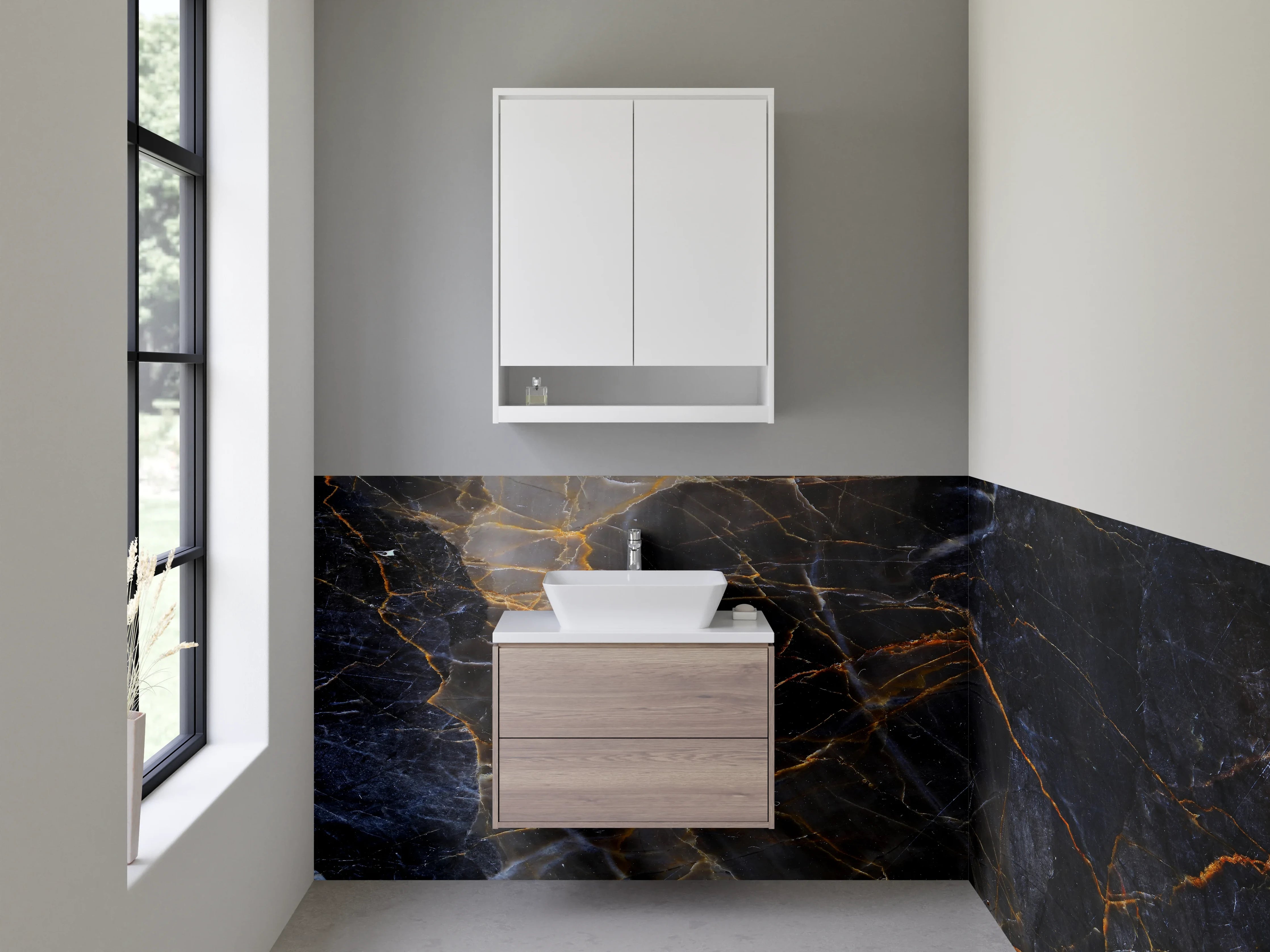Waschbecken-Rückwand - Dunkle Eleganz mit goldenen Adern