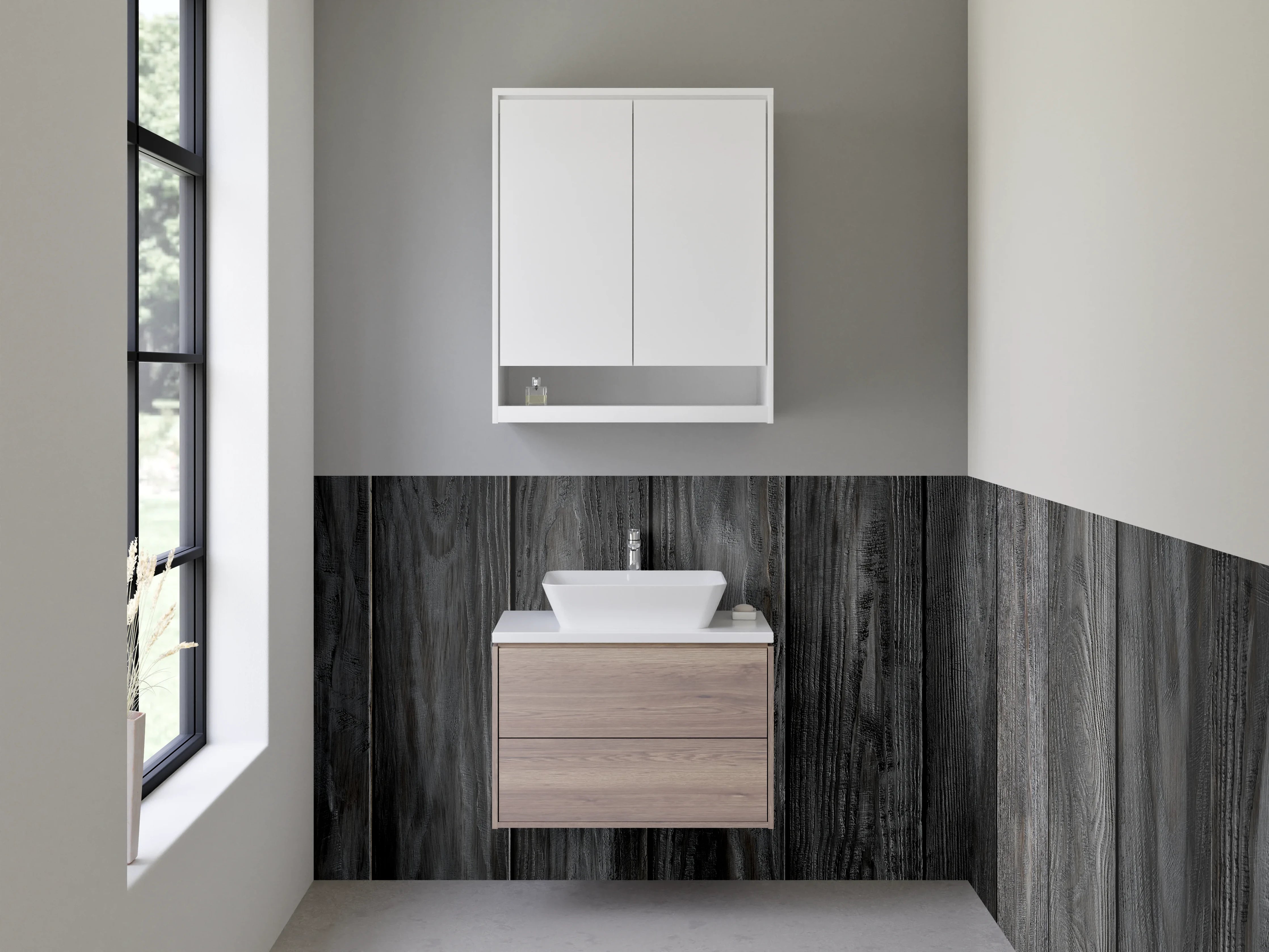 Waschbecken-Rückwand - Dunkle Holzoptik für Modernes Ambiente