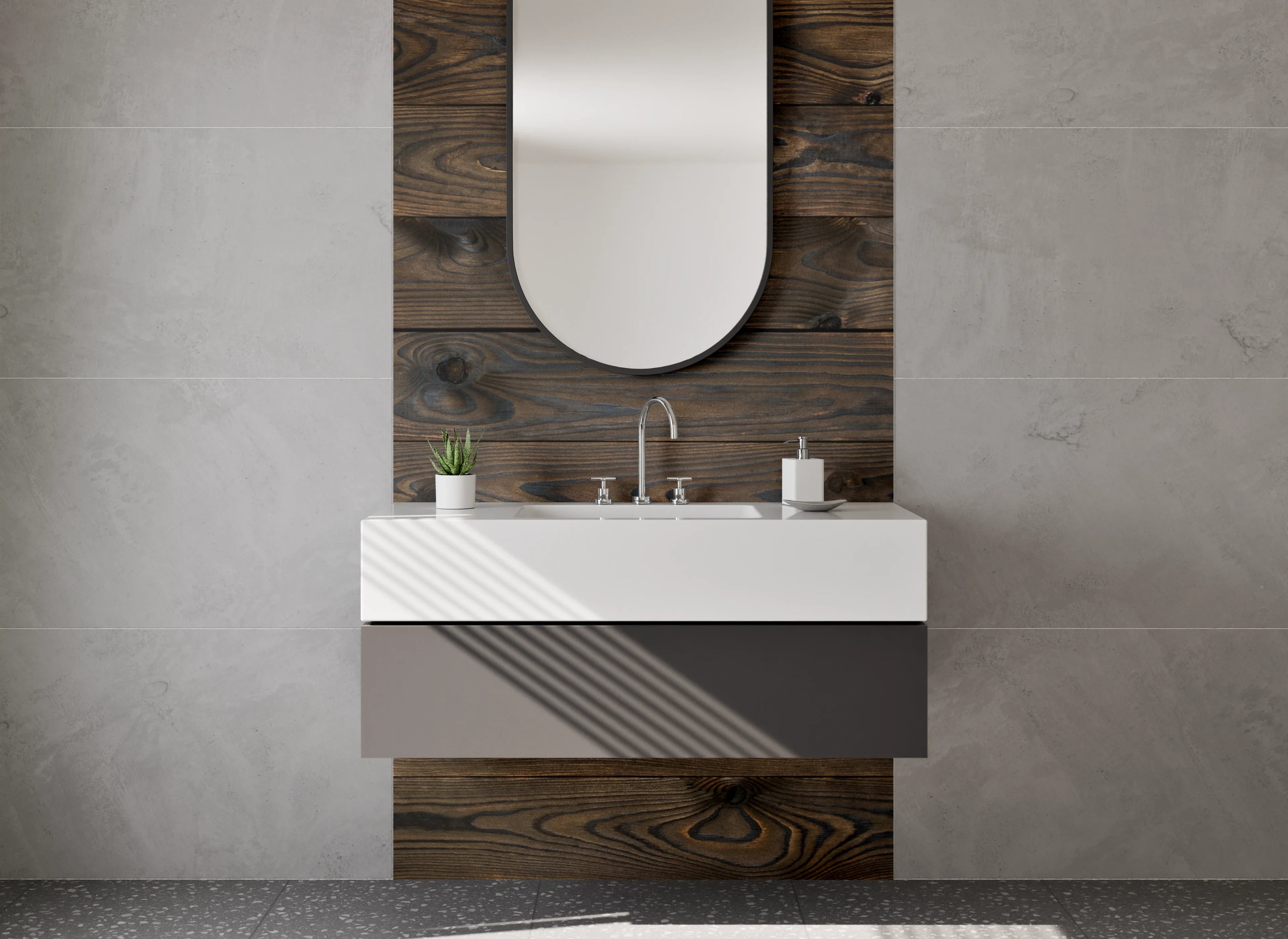 Waschbecken-Rückwand - Dunkle Holzoptik für Rückwände