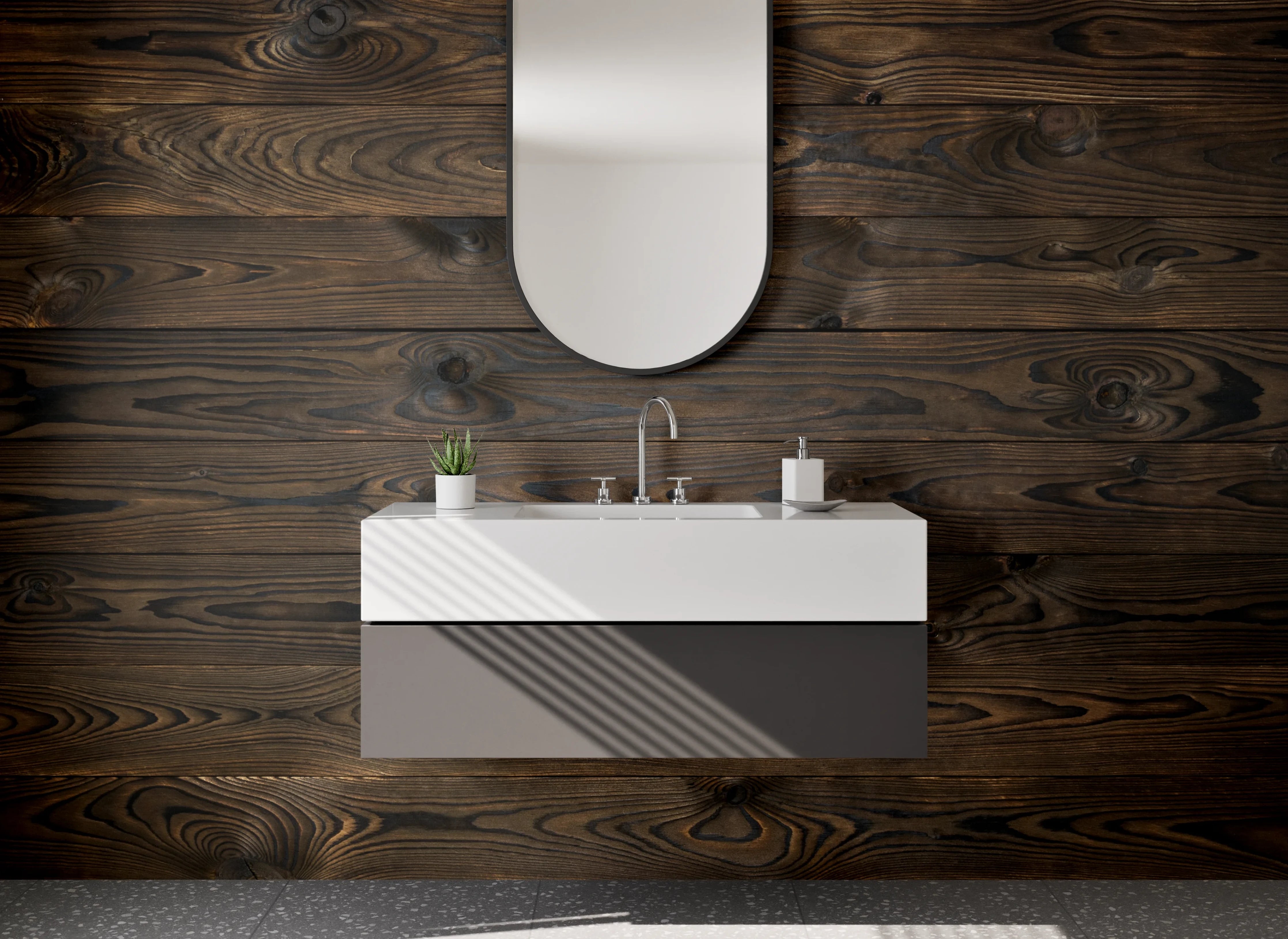 Waschbecken-Rückwand - Dunkle Holzoptik für Rückwände