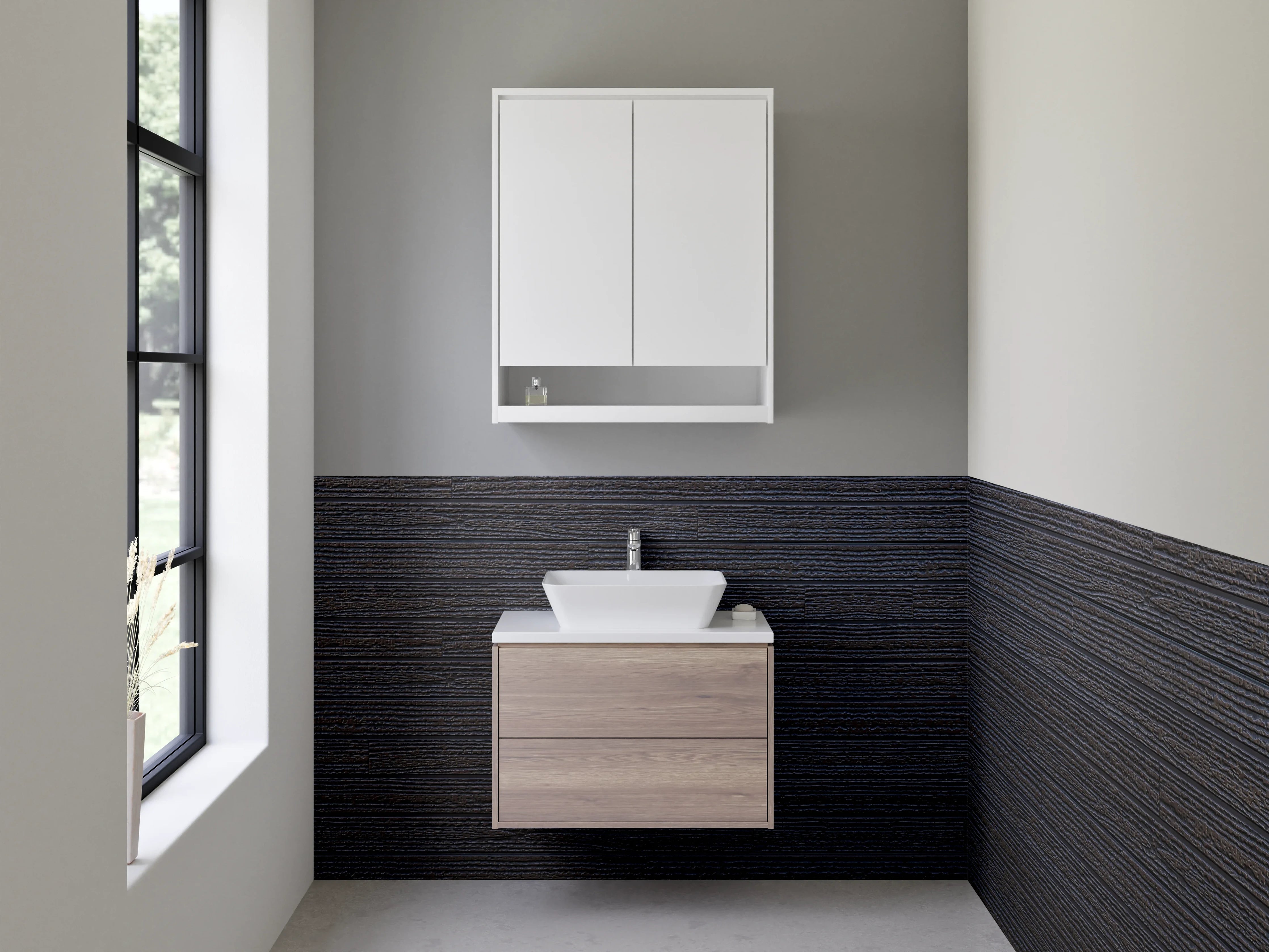 Waschbecken-Rückwand - Dunkle Holzstruktur in Schwarz