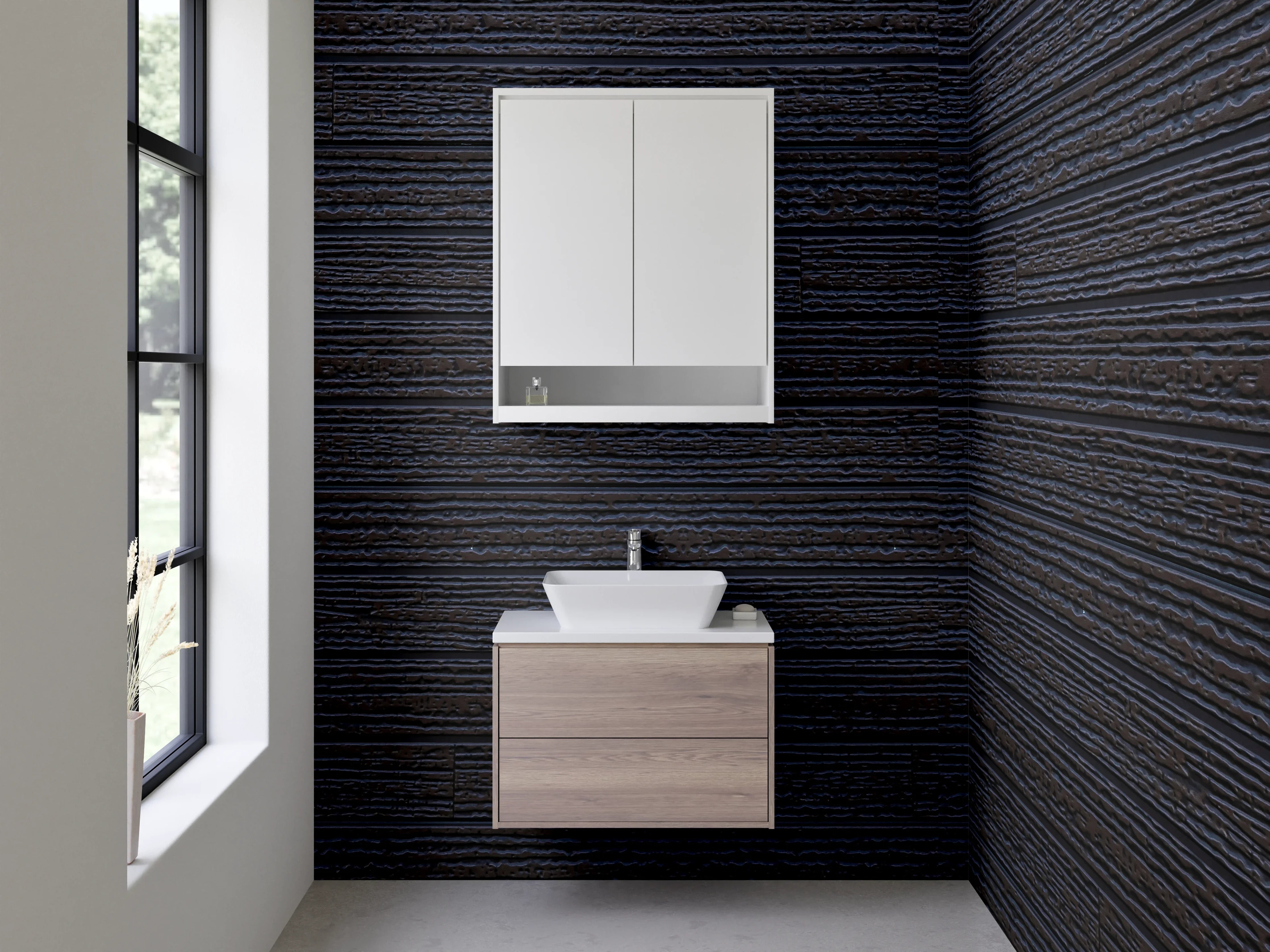 Waschbecken-Rückwand - Dunkle Holzstruktur in Schwarz