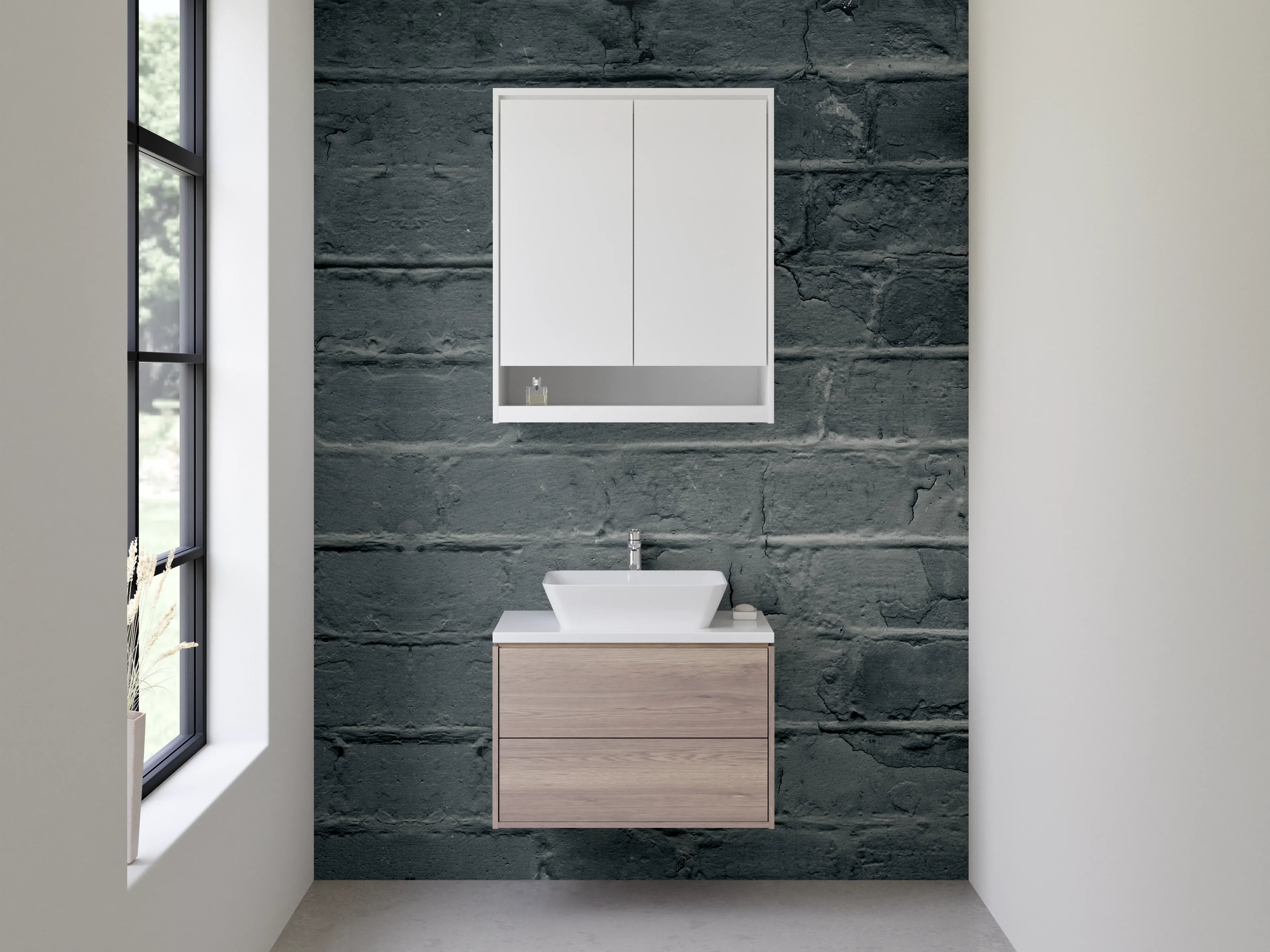 Waschbecken-Rückwand - Dunkle Klinkerwand Backsteinoptik