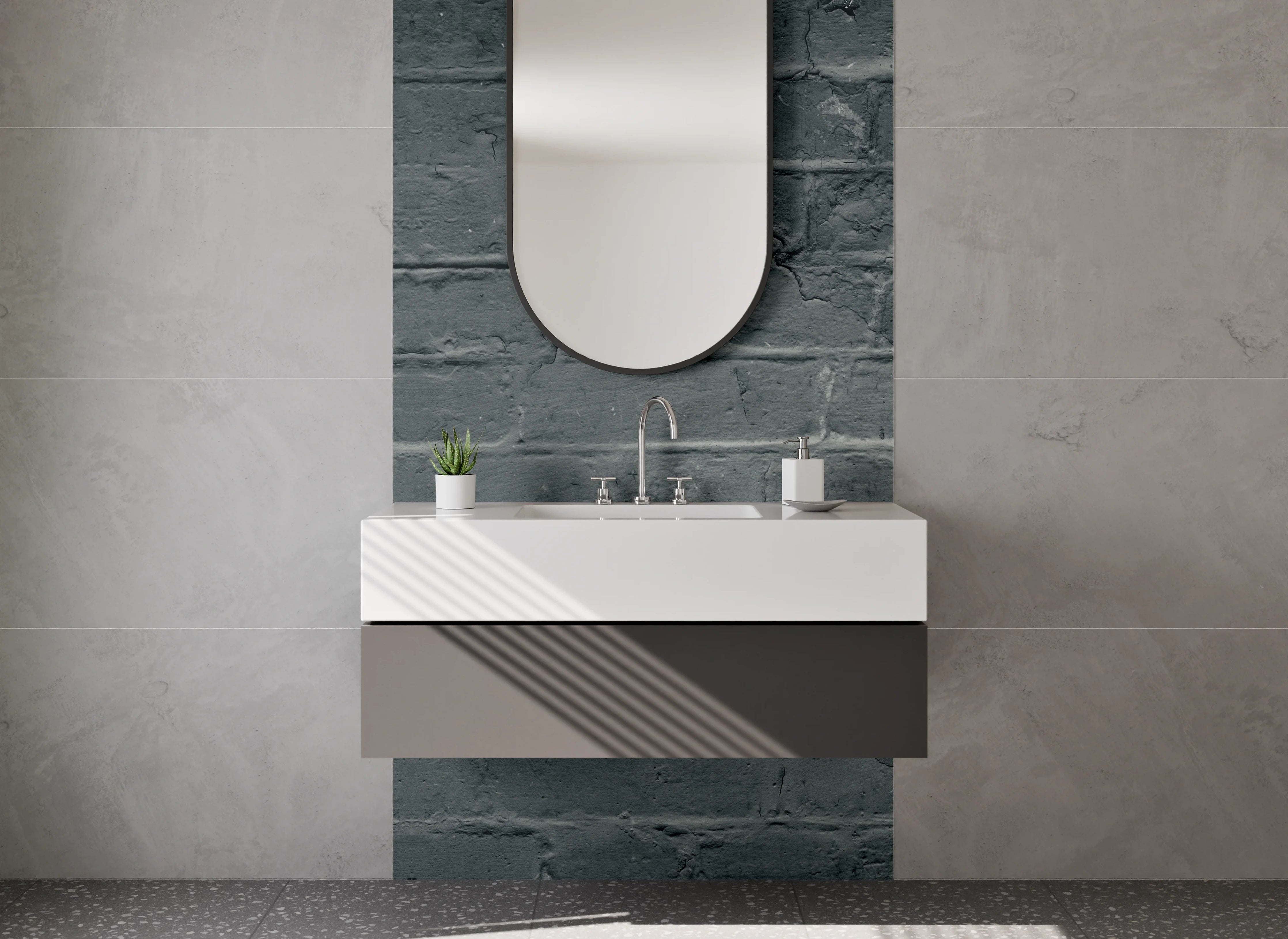Waschbecken-Rückwand - Dunkle Klinkerwand Backsteinoptik
