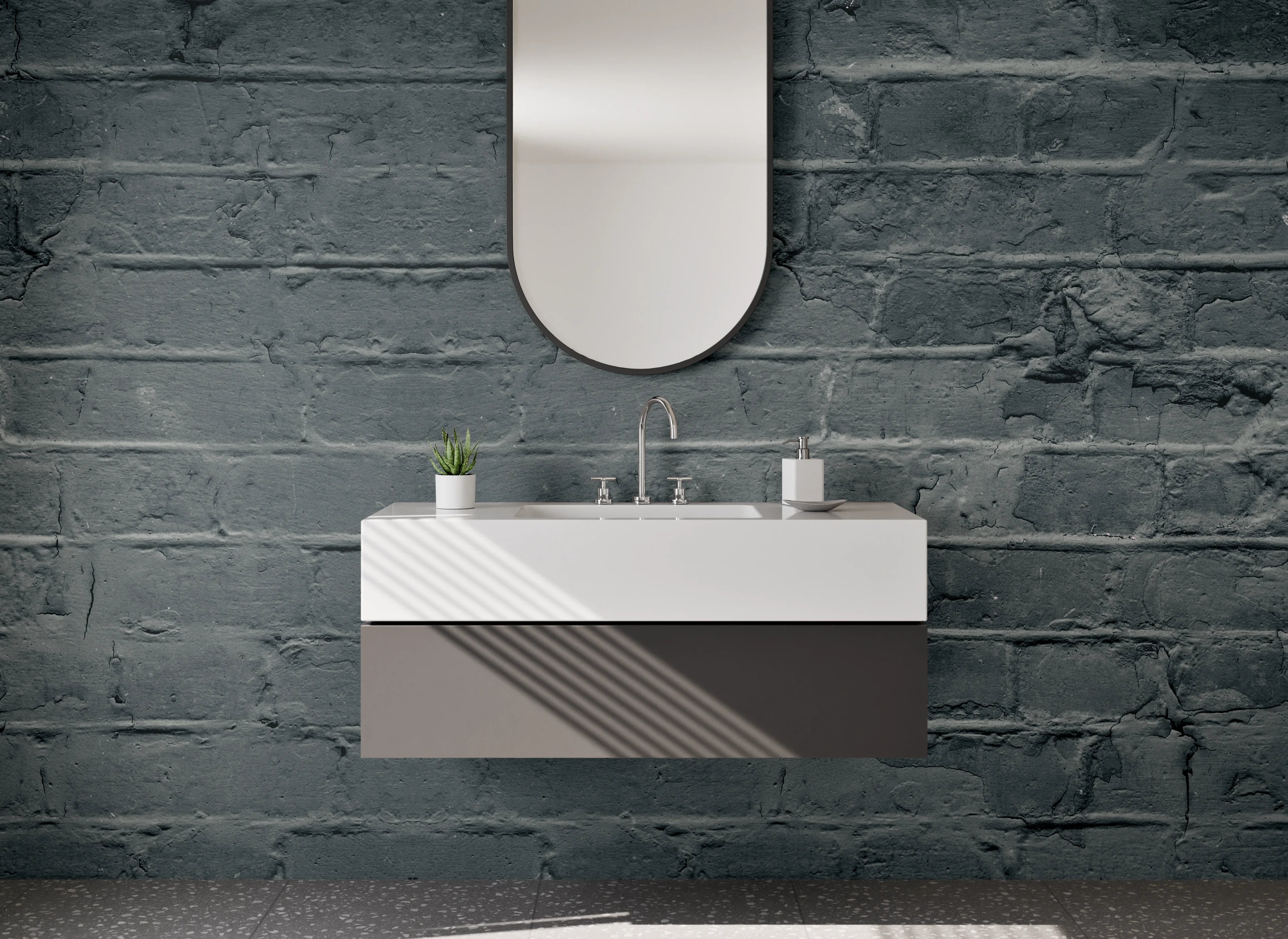 Waschbecken-Rückwand - Dunkle Klinkerwand Backsteinoptik