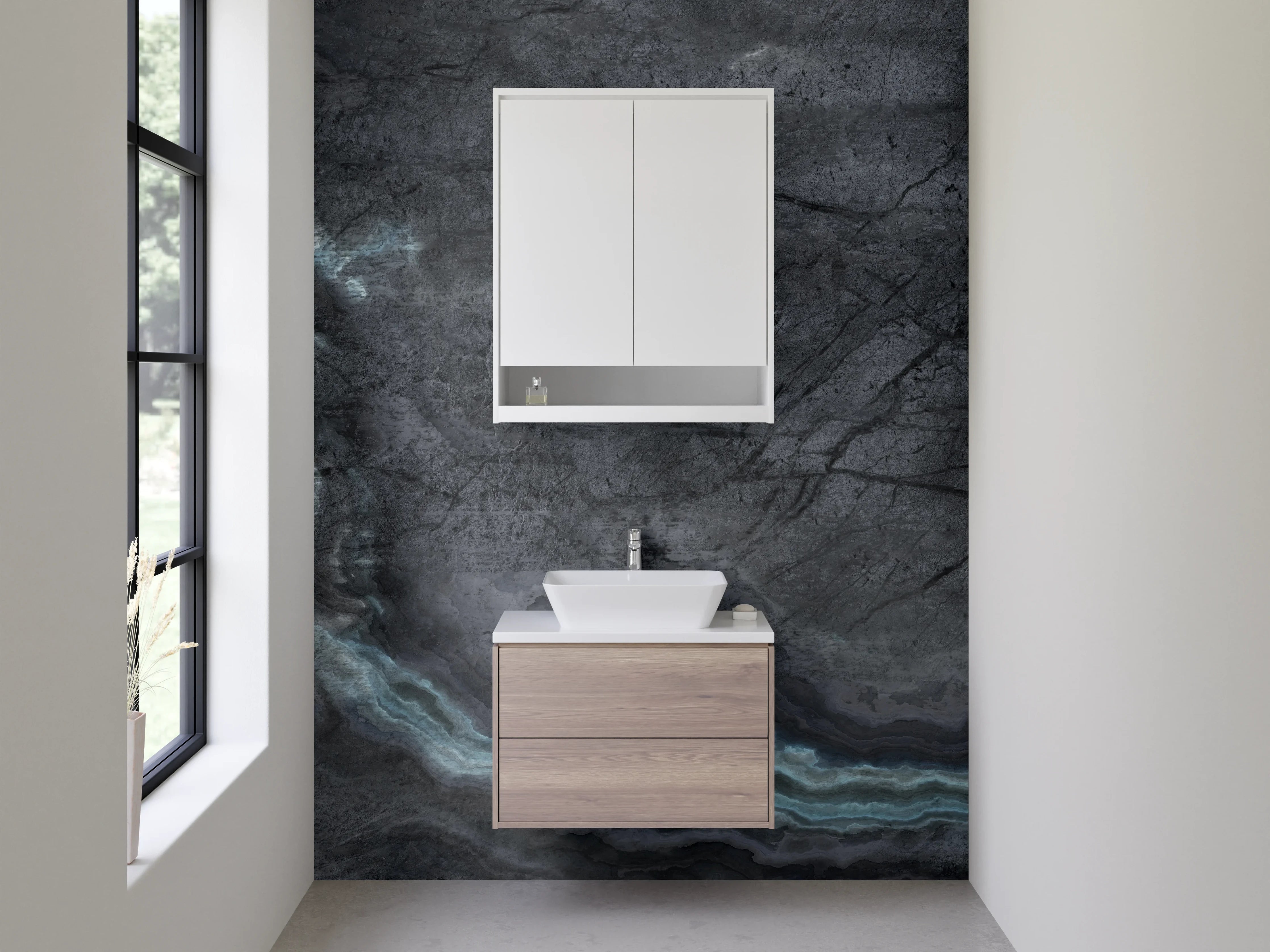 Waschbecken-Rückwand - Dunkle Marmor-Optik mit grauen Akzenten