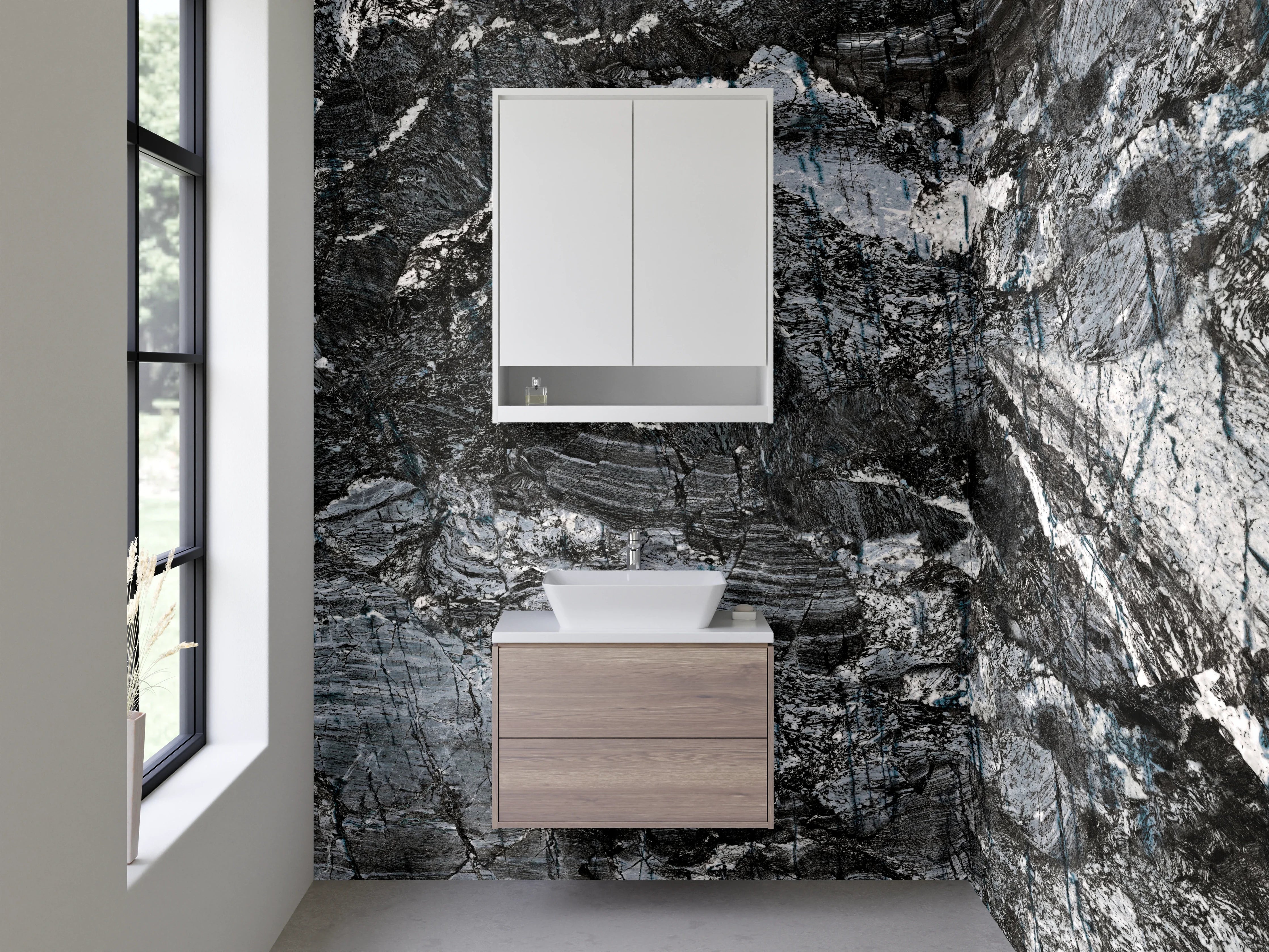 Waschbecken-Rückwand - Dunkle Marmorstruktur mit Grau- und Schwarztönen