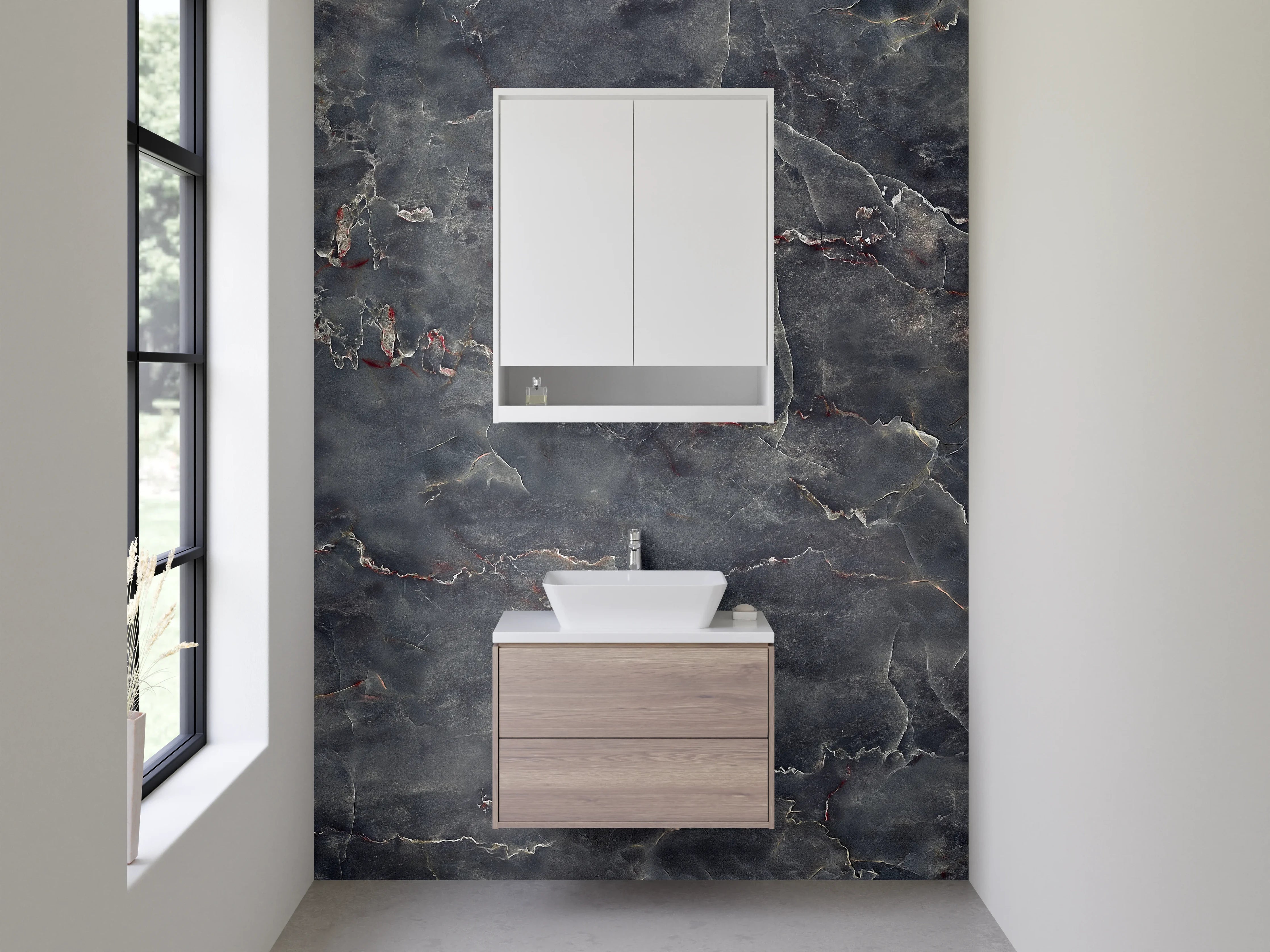 Waschbecken-Rückwand - Dunkle Marmorstruktur mit feinen Goldadern