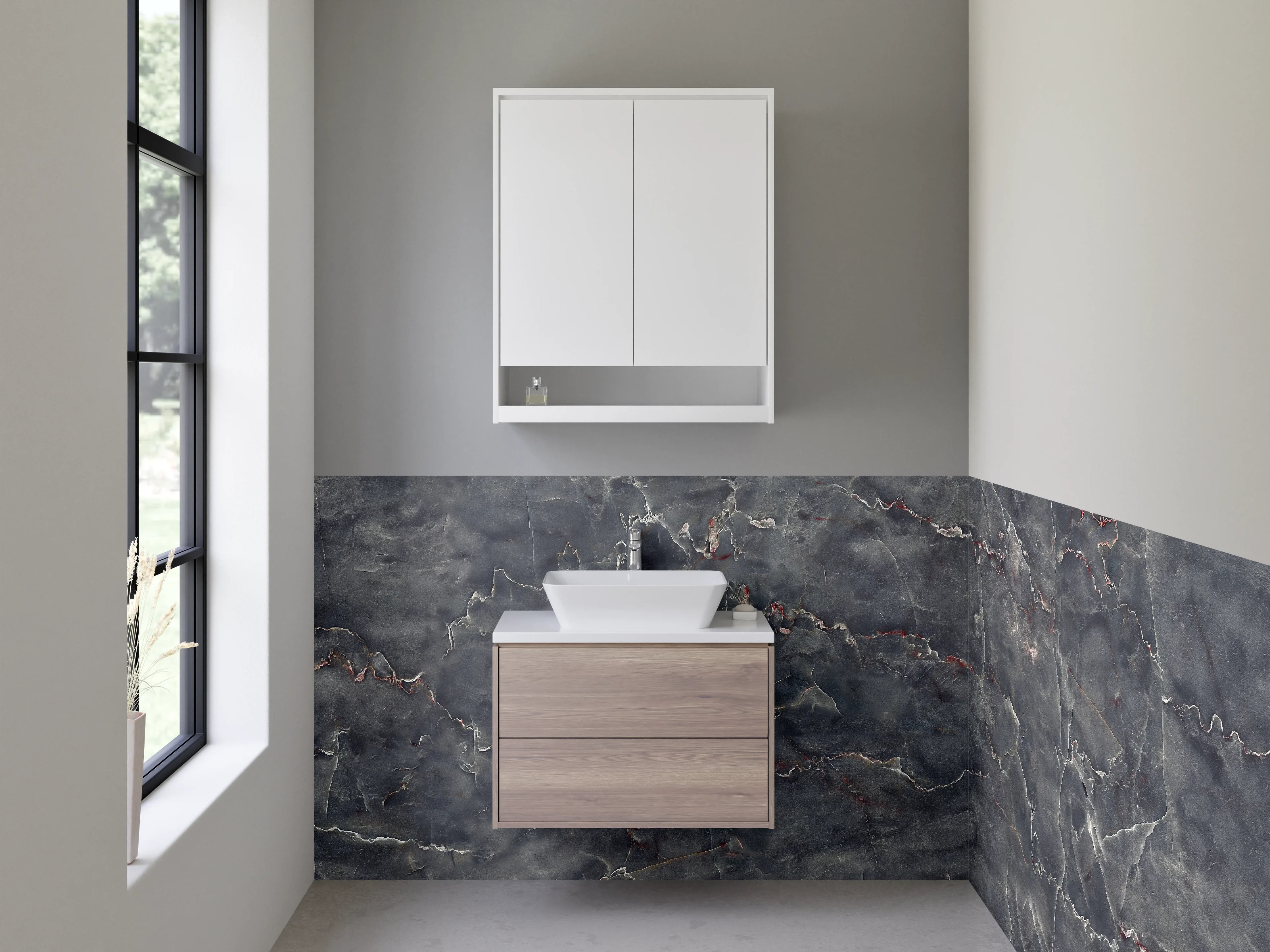 Waschbecken-Rückwand - Dunkle Marmorstruktur mit feinen Goldadern