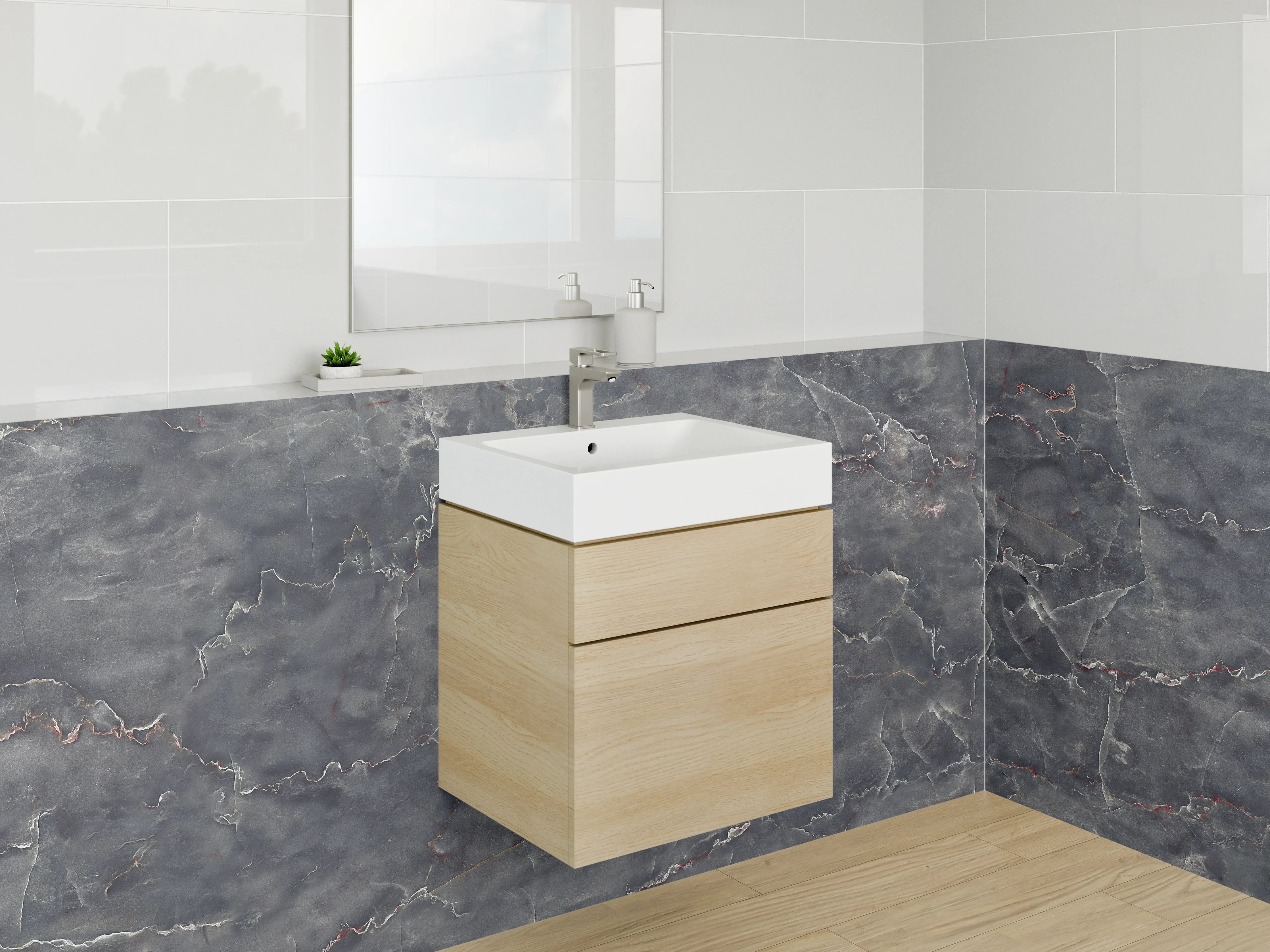 Waschbecken-Rückwand - Dunkle Marmorstruktur mit feinen Goldadern