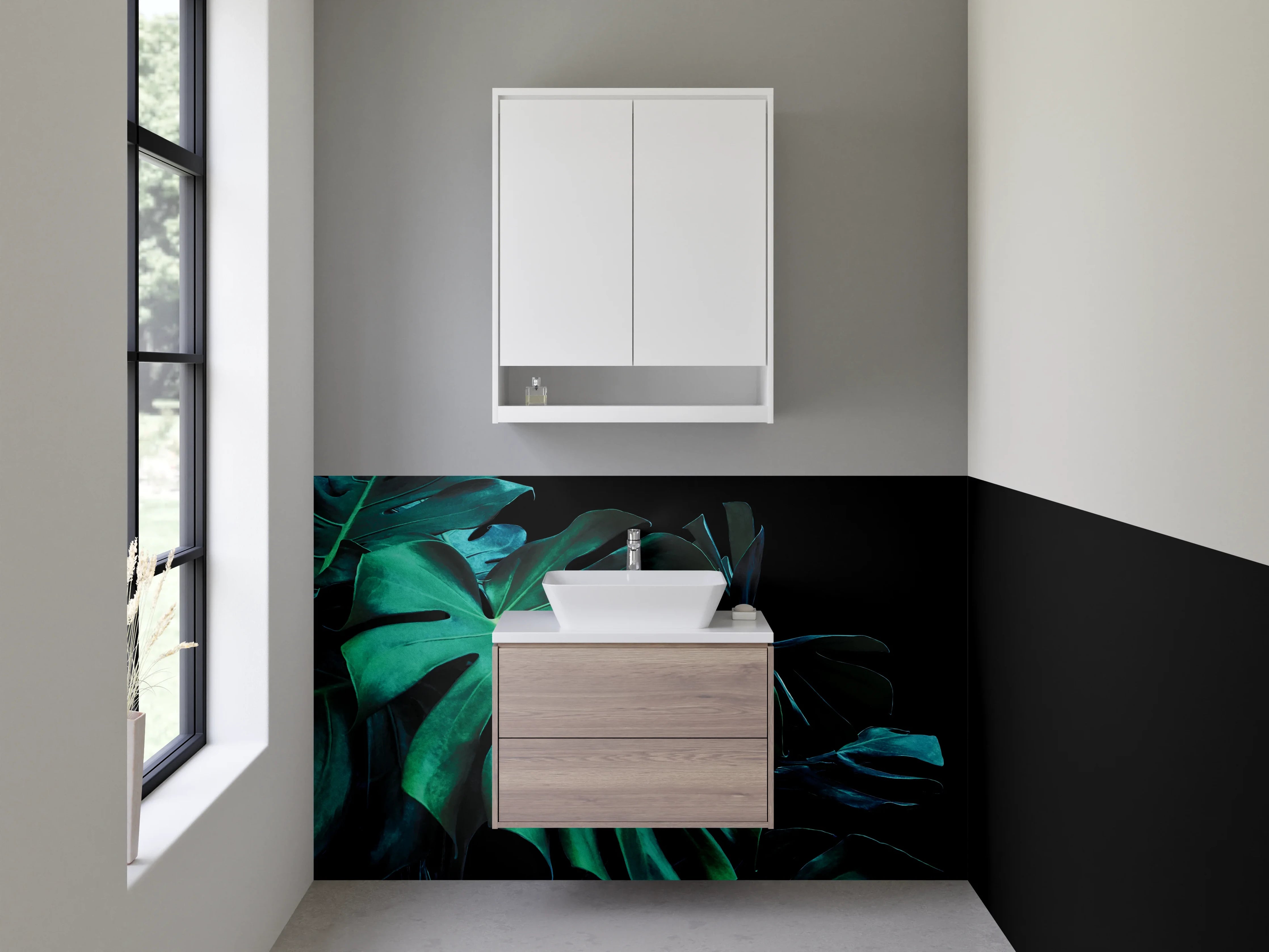 Waschbecken-Rückwand - Dunkle Monstera Blätter Illustration