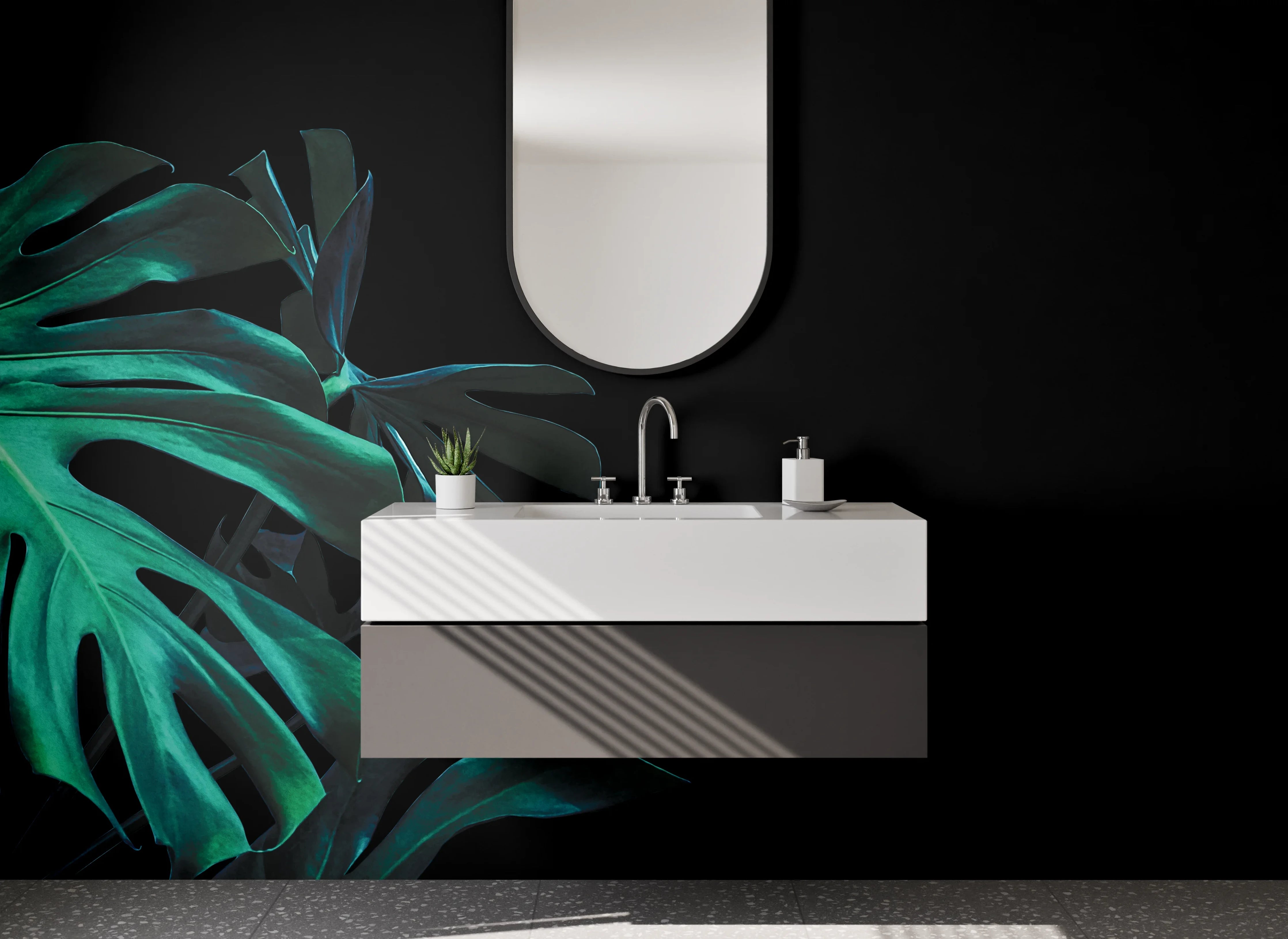 Waschbecken-Rückwand - Dunkle Monstera Blätter Illustration