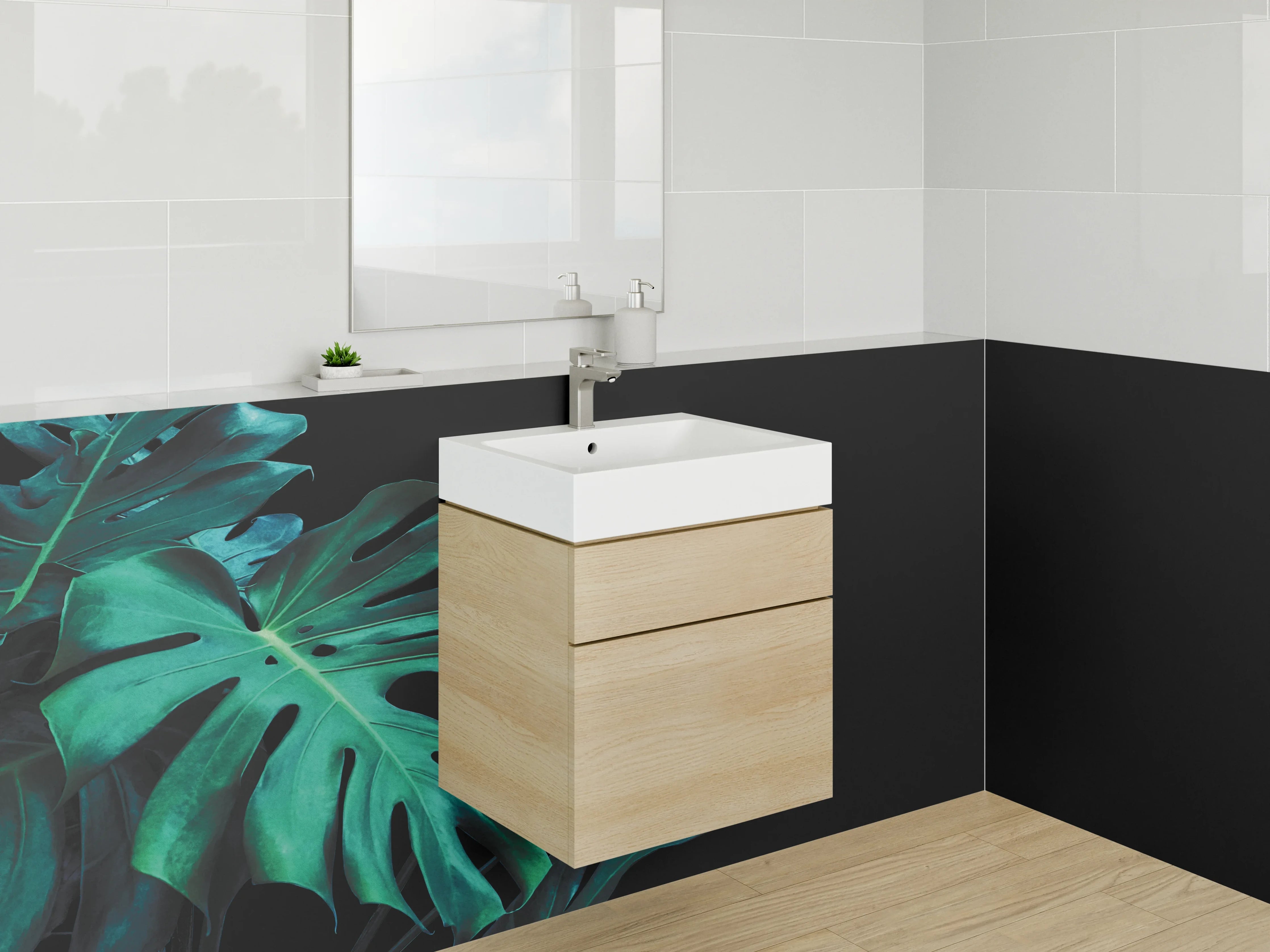 Waschbecken-Rückwand - Dunkle Monstera Blätter Illustration