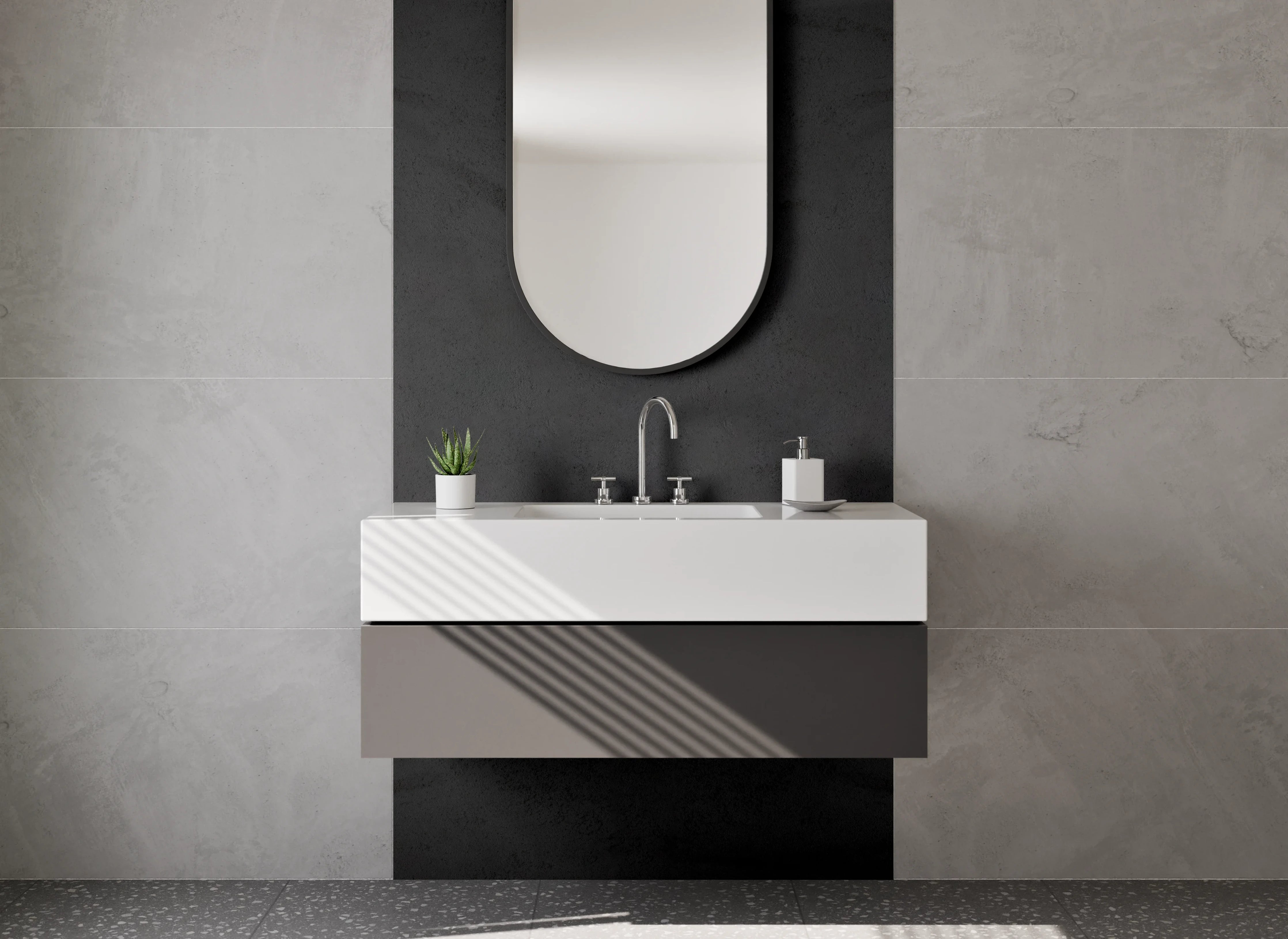 Waschbecken-Rückwand - Dunkle Steinoptik für moderne Badgestaltung