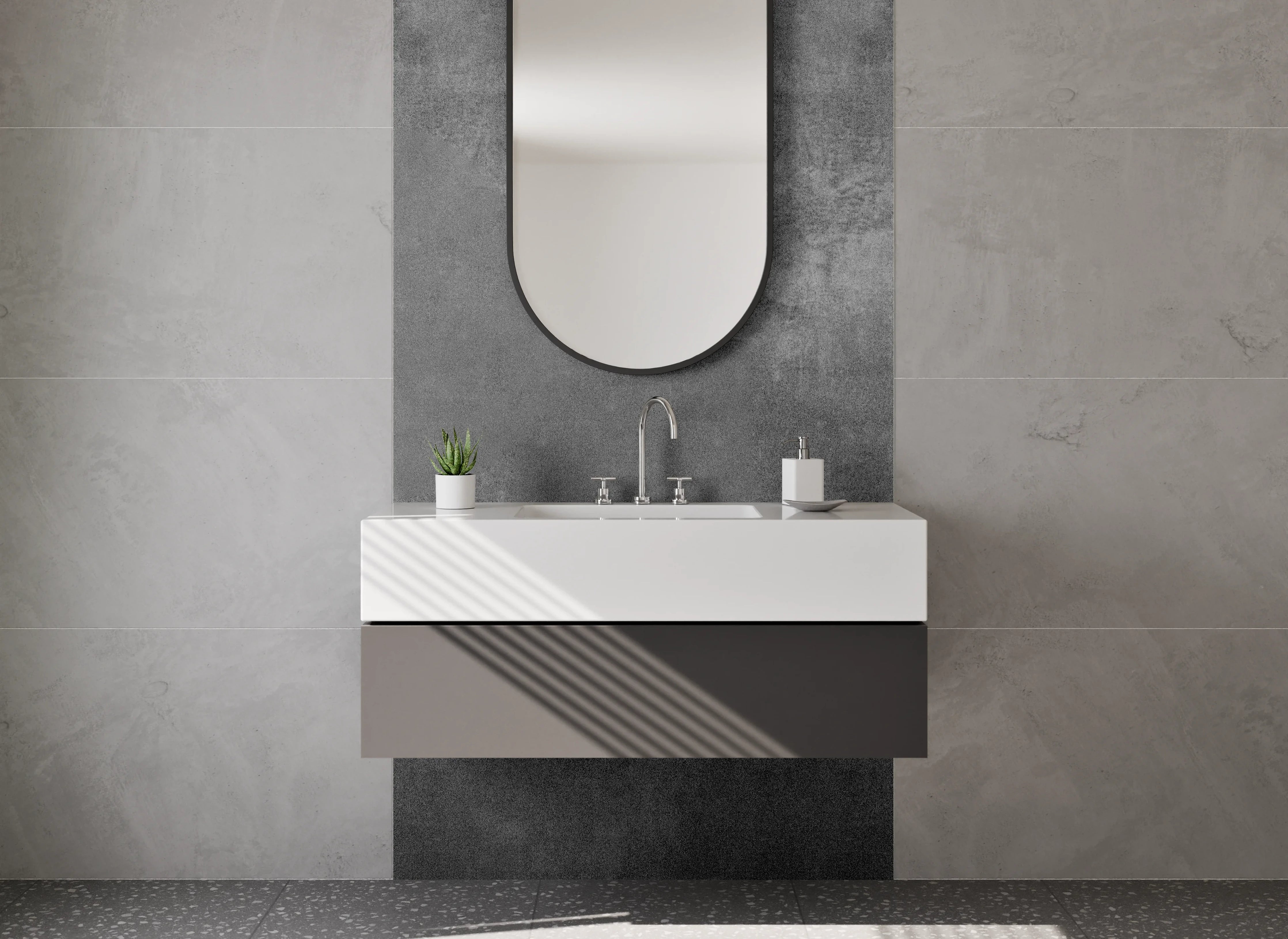 Waschbecken-Rückwand - Dunkle Steinstruktur als Kunst-Design