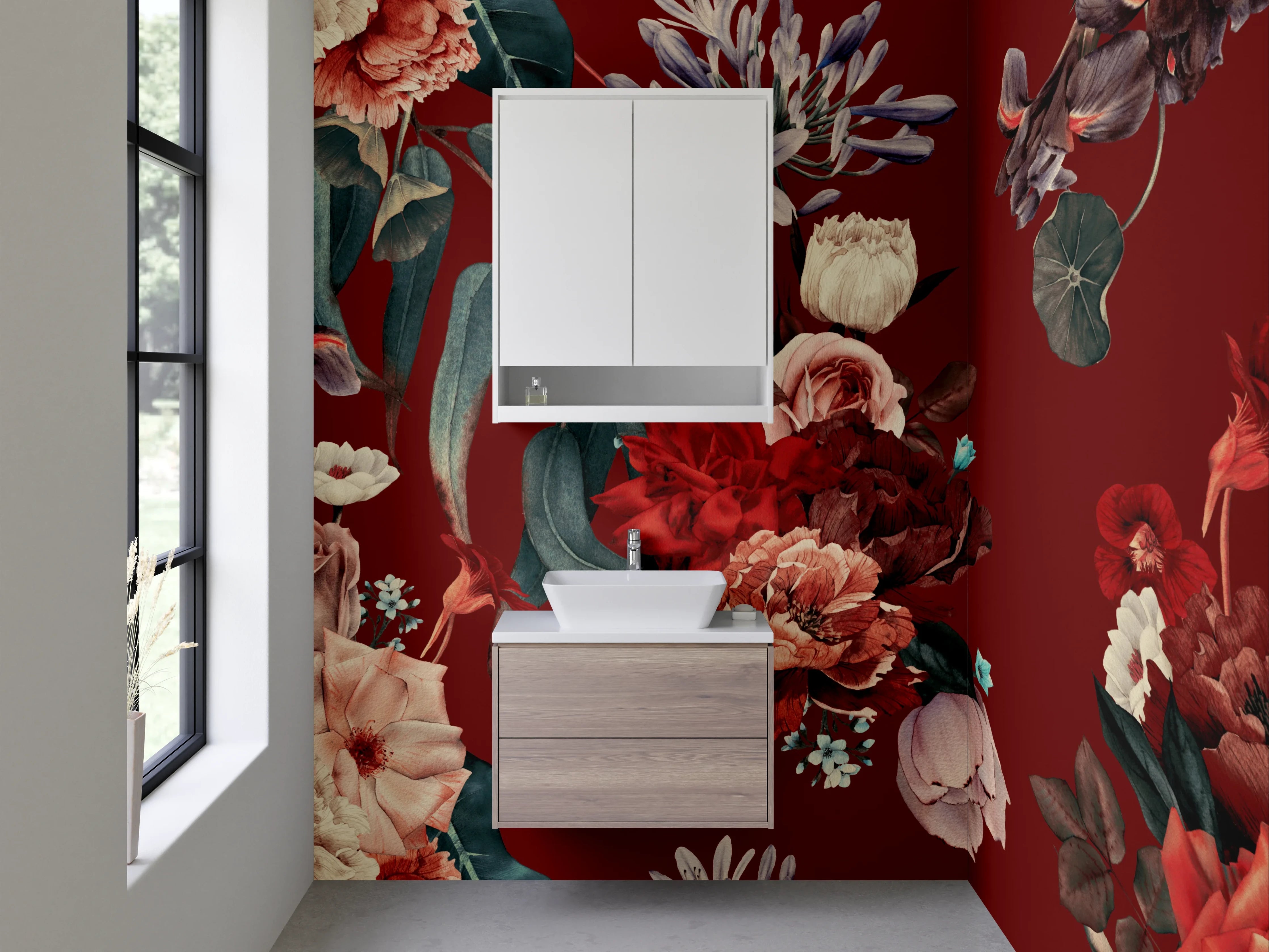 Waschbecken-Rückwand - Dunkle Vintage-Blumen auf Rot