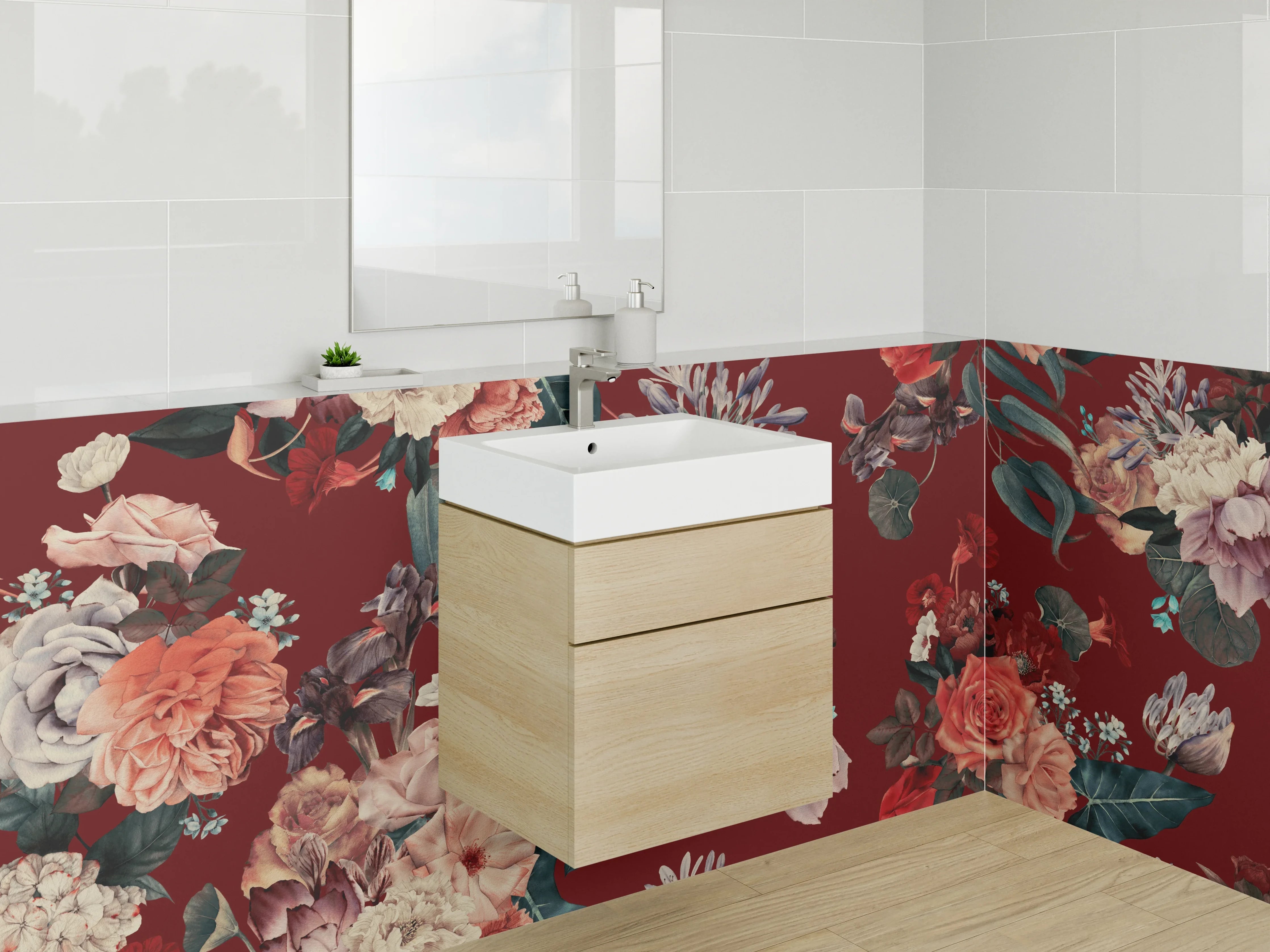 Waschbecken-Rückwand - Dunkle Vintage-Blumen auf Rot