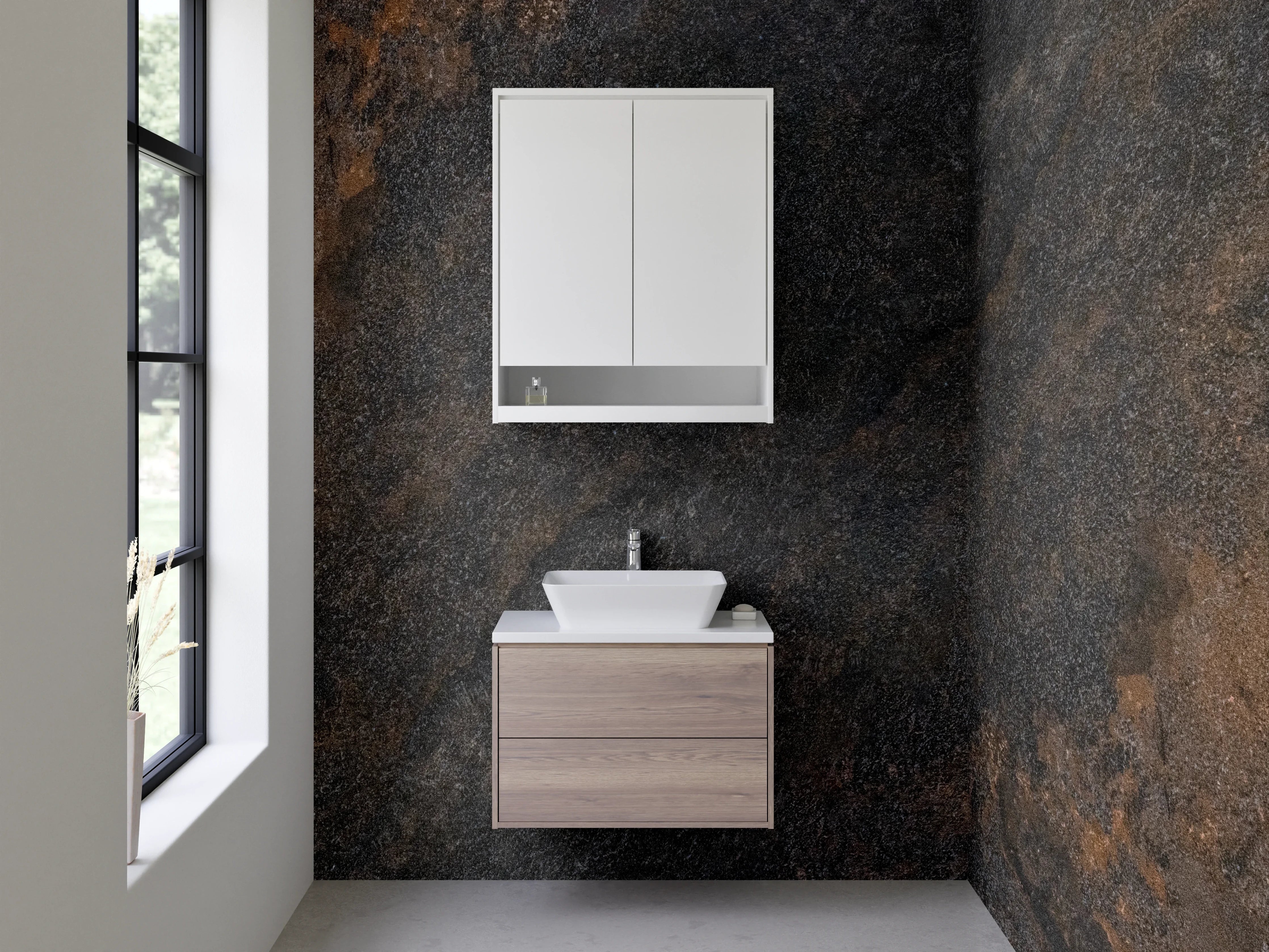 Waschbecken-Rückwand - Dunkle, strukturierte Steinoptik in Erdtönen