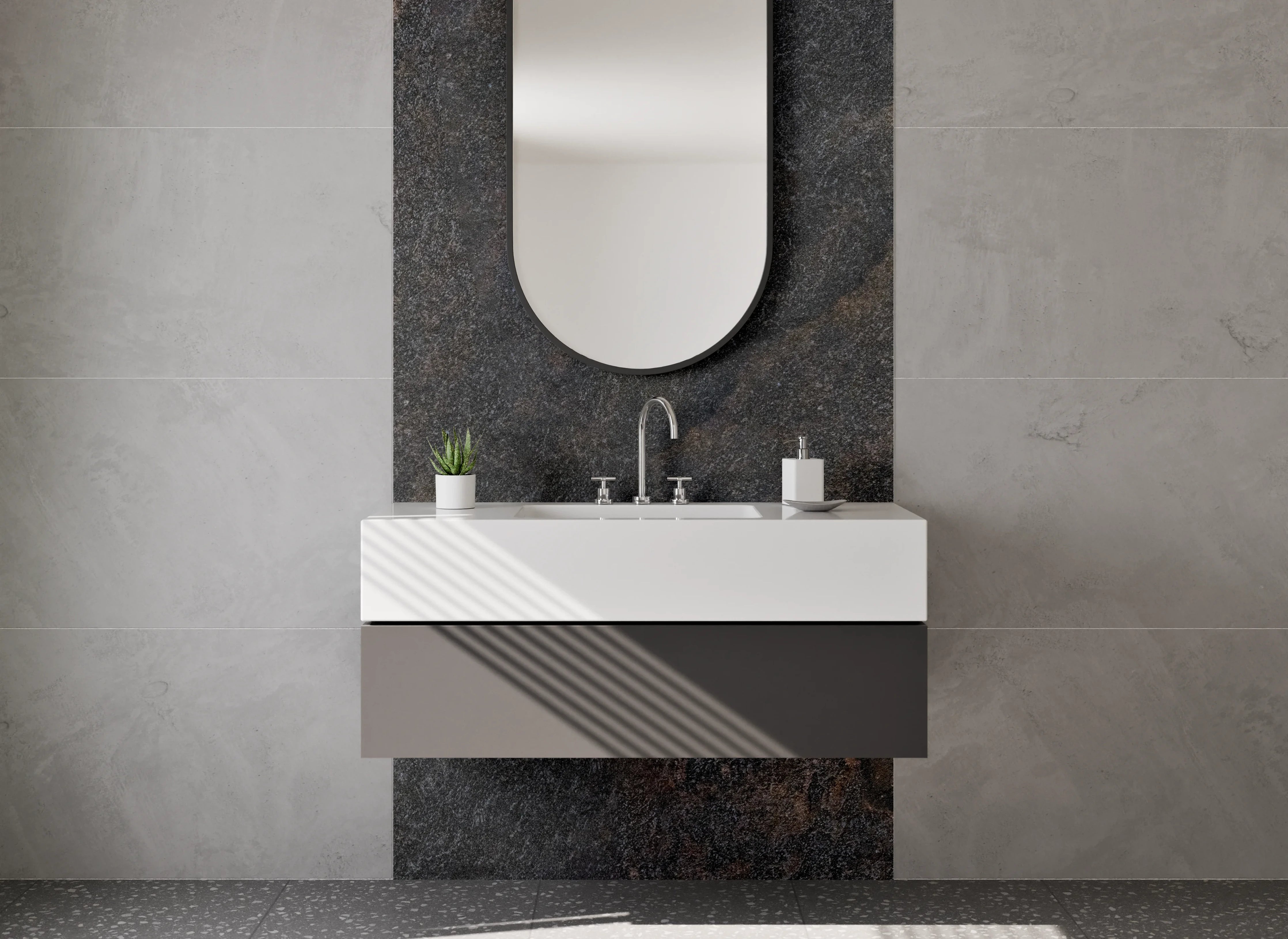 Waschbecken-Rückwand - Dunkle, strukturierte Steinoptik in Erdtönen