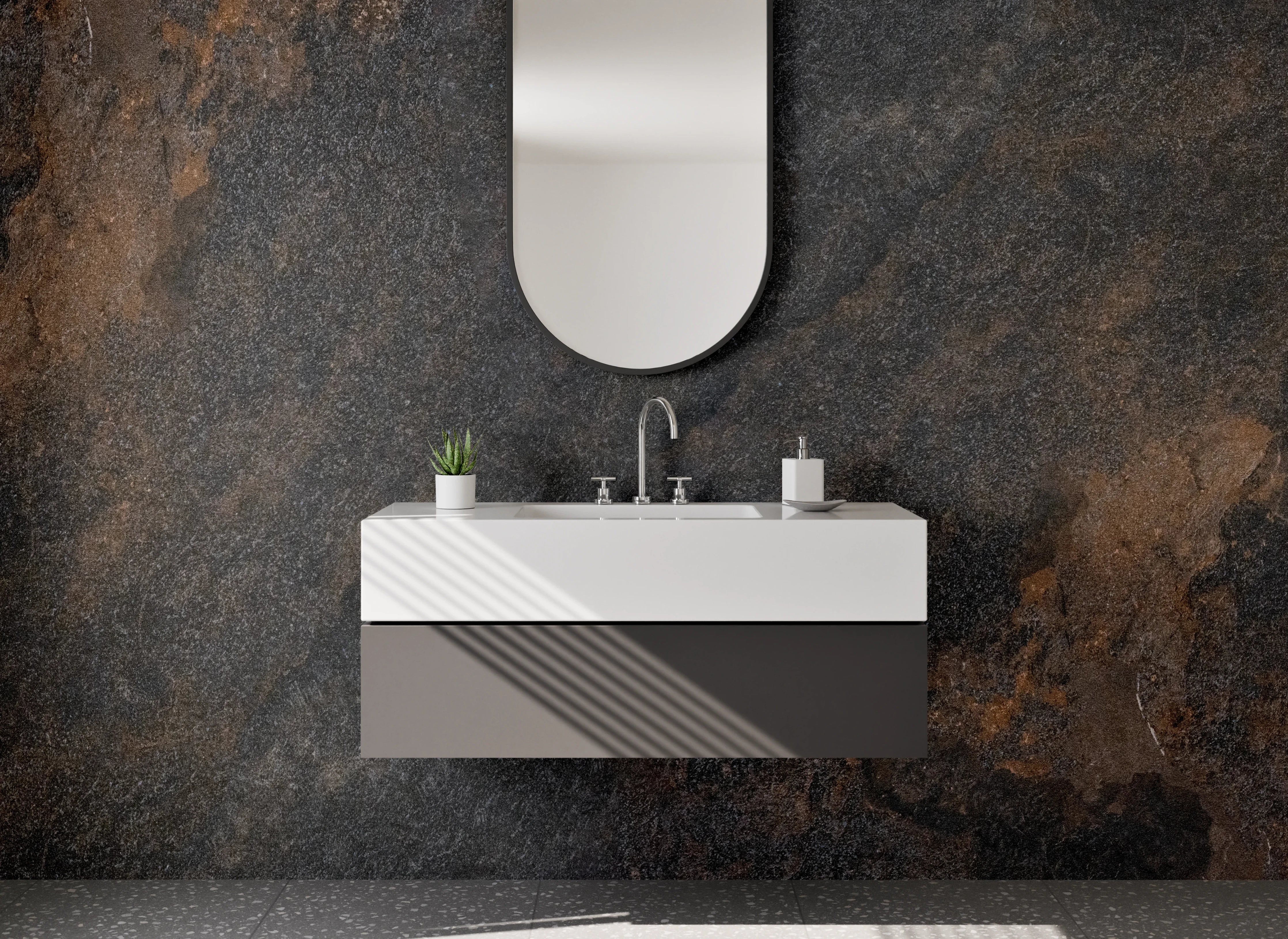 Waschbecken-Rückwand - Dunkle, strukturierte Steinoptik in Erdtönen
