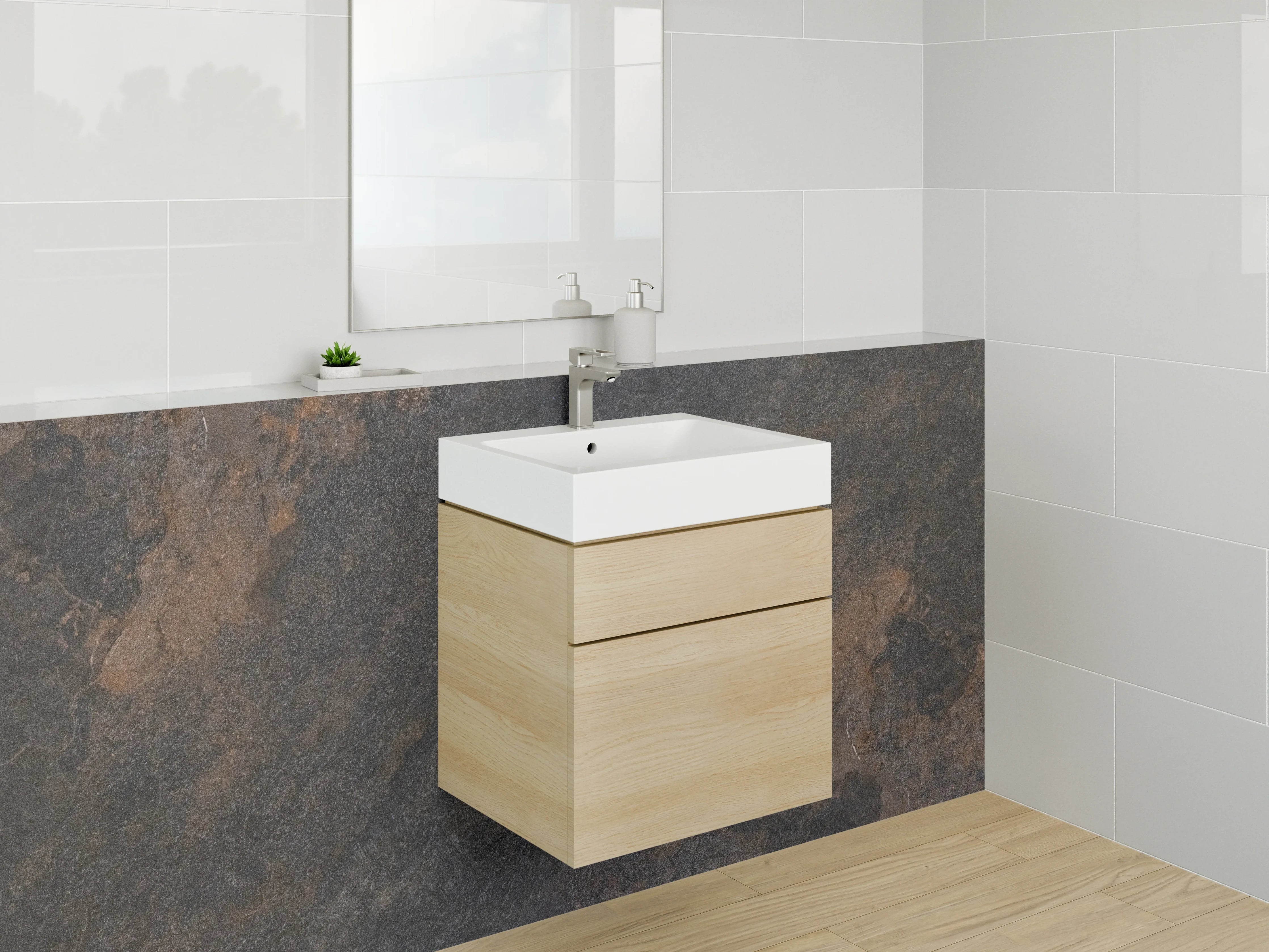Waschbecken-Rückwand - Dunkle, strukturierte Steinoptik in Erdtönen