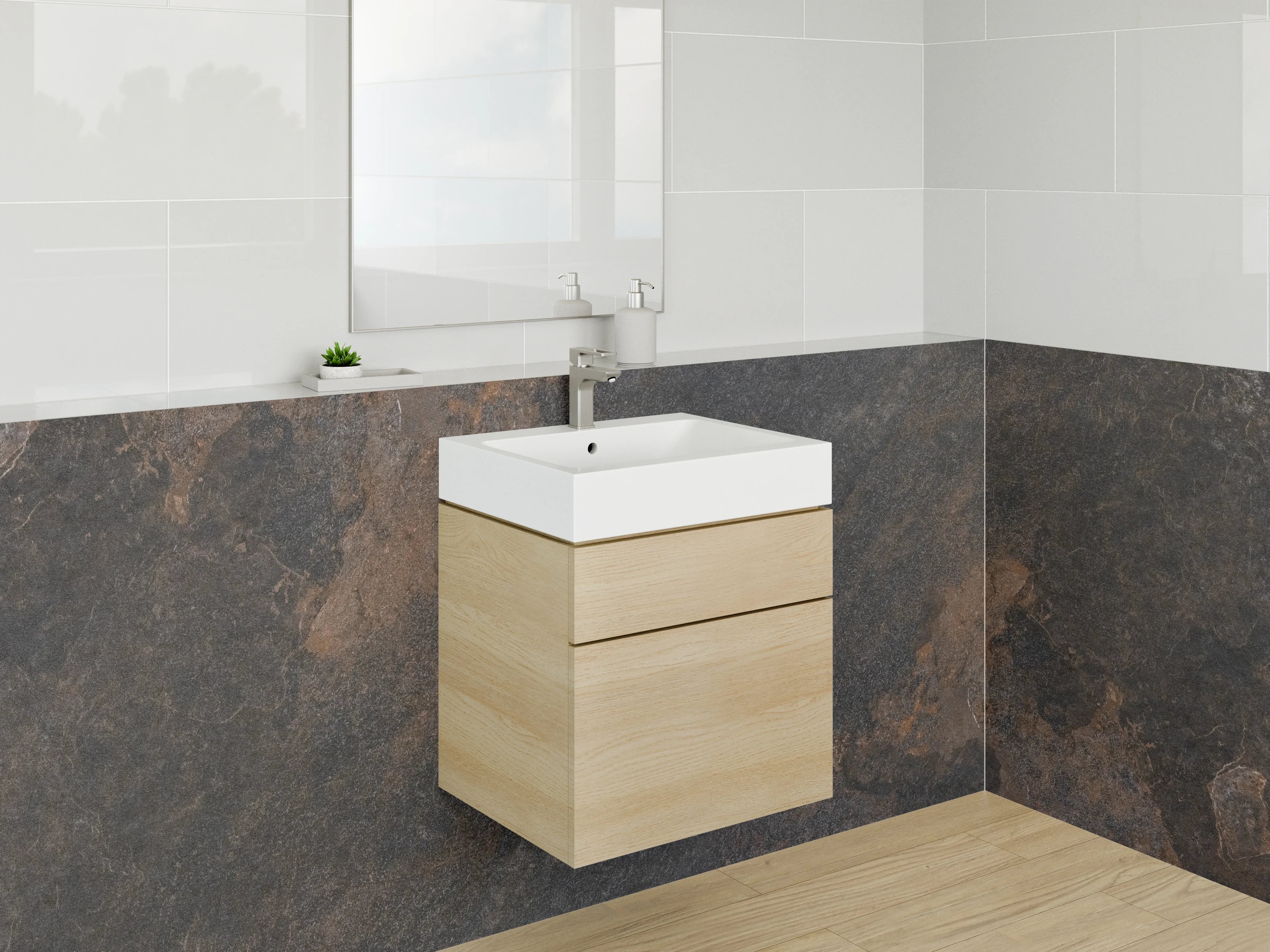 Waschbecken-Rückwand - Dunkle, strukturierte Steinoptik in Erdtönen