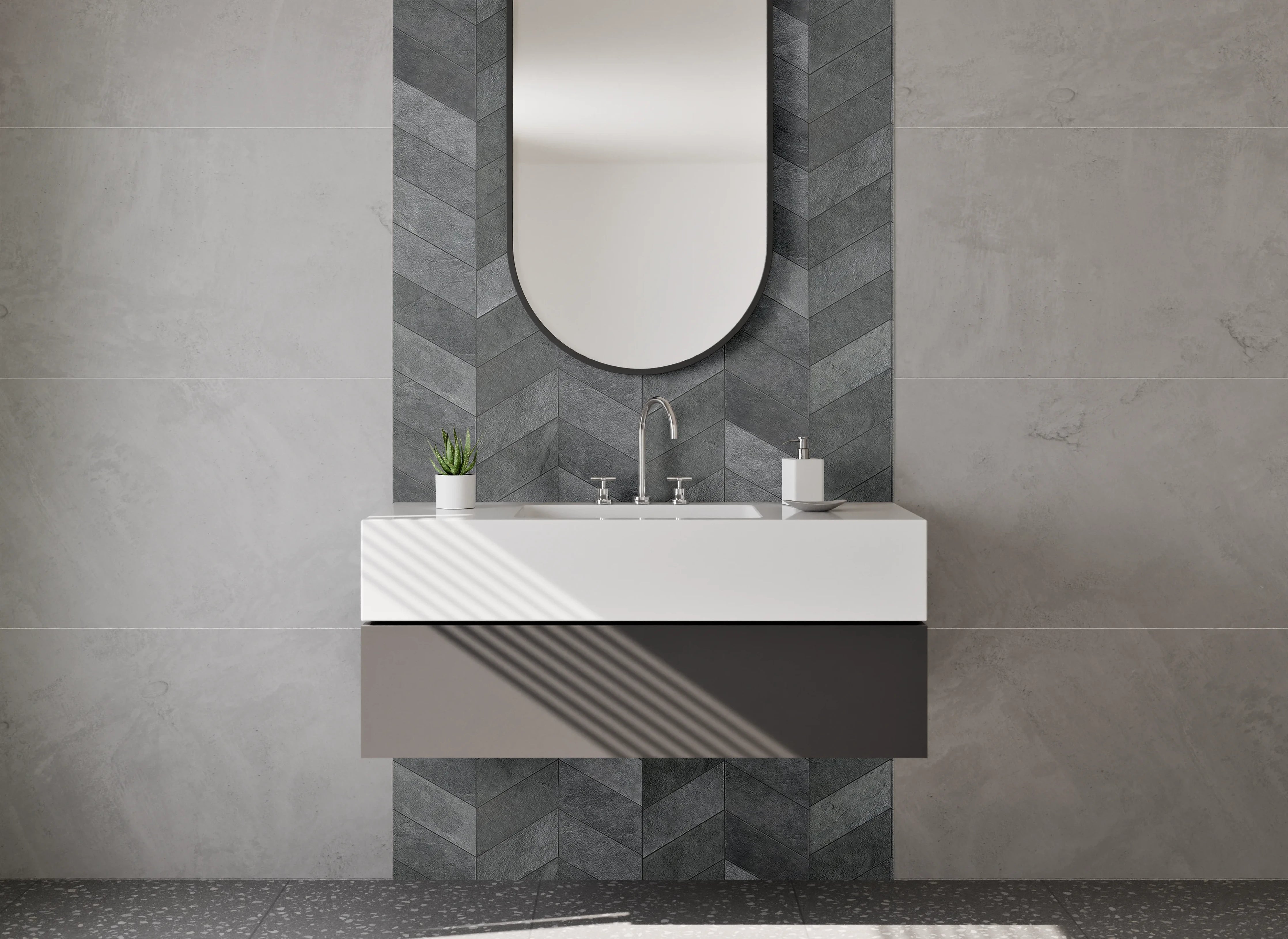 Waschbecken-Rückwand - Dunkles Chevron-Muster Schieferoptik