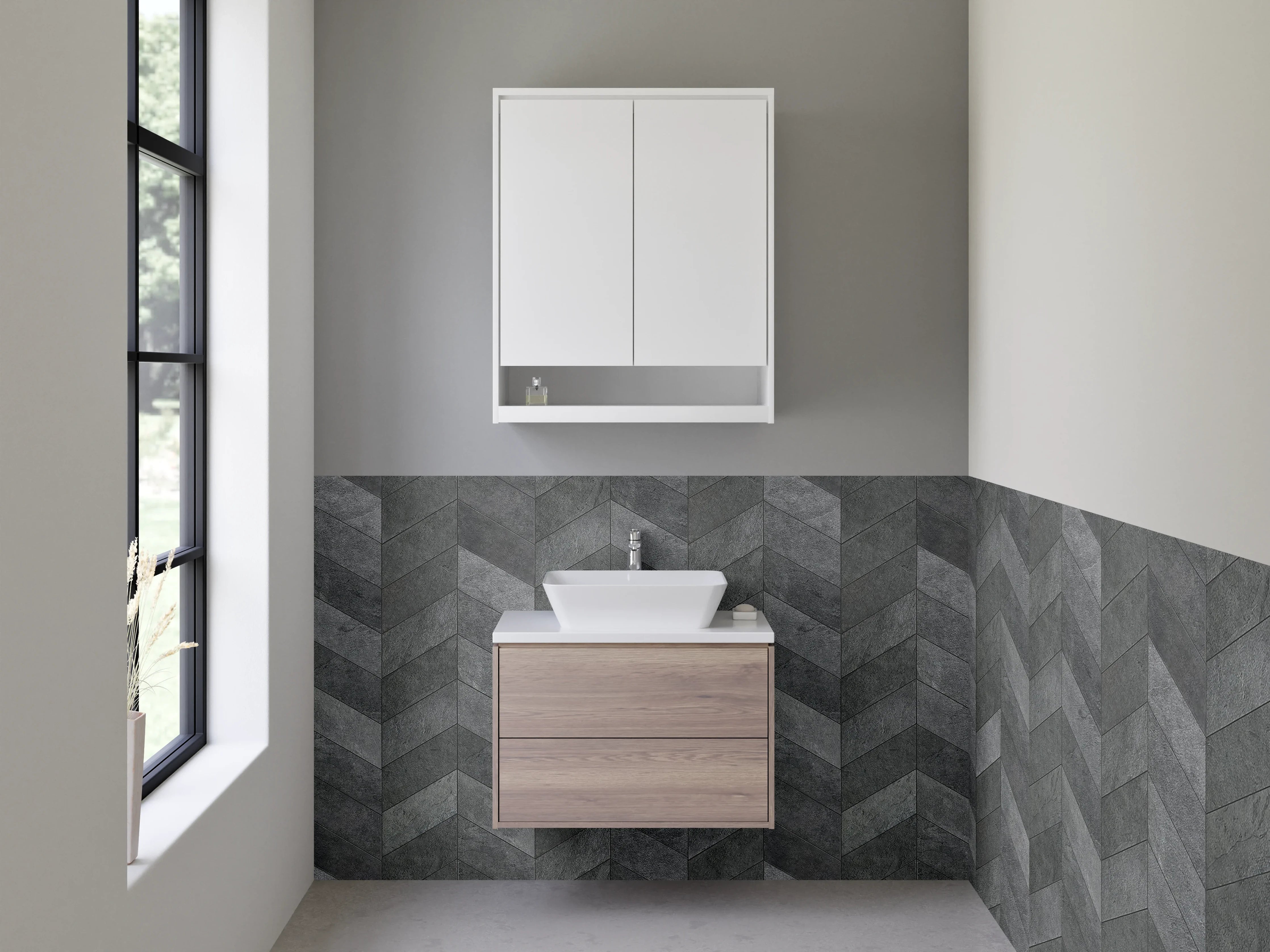 Waschbecken-Rückwand - Dunkles Chevron-Muster Steinoptik