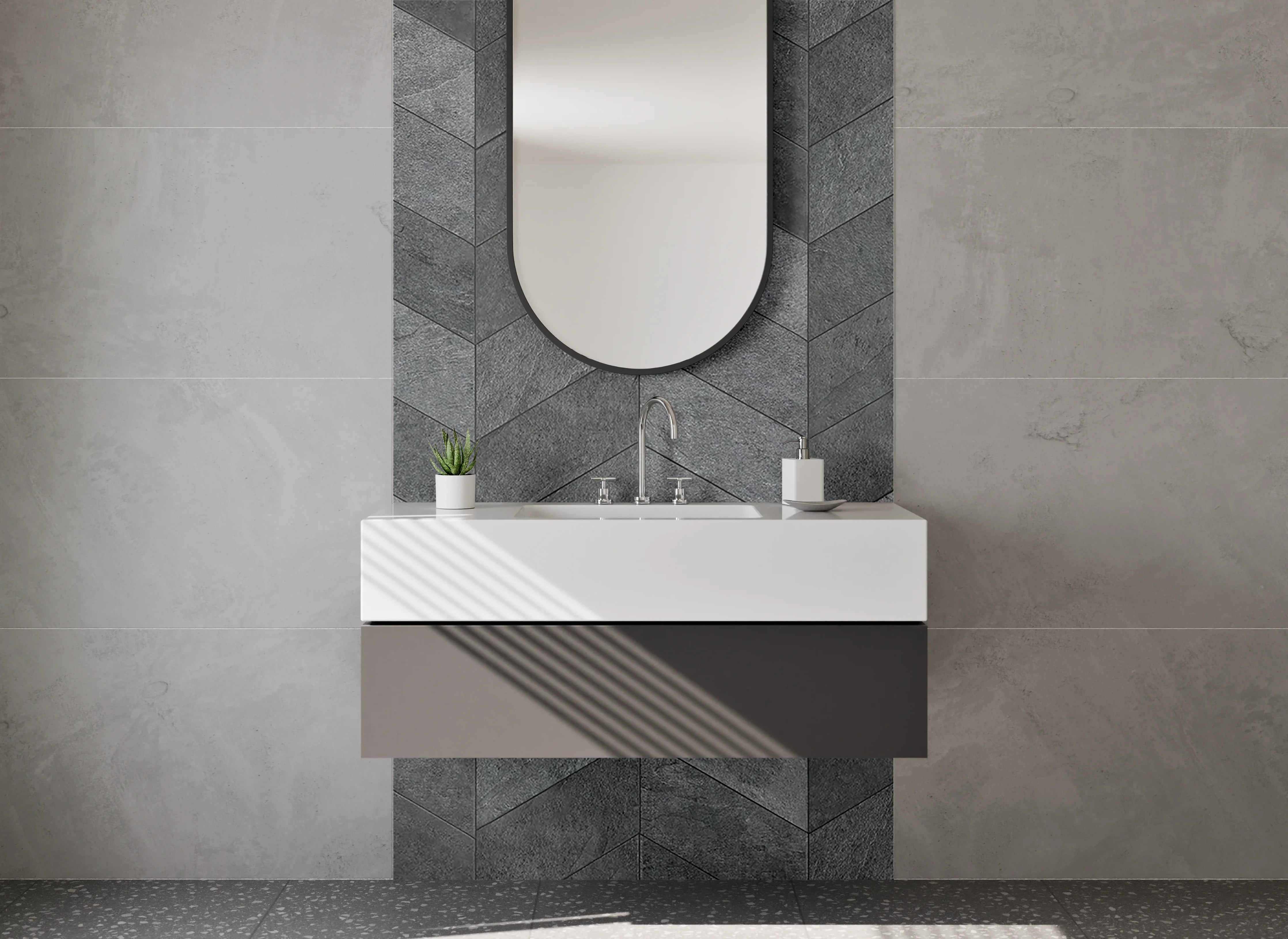 Waschbecken-Rückwand - Dunkles Chevron-Muster Steinoptik