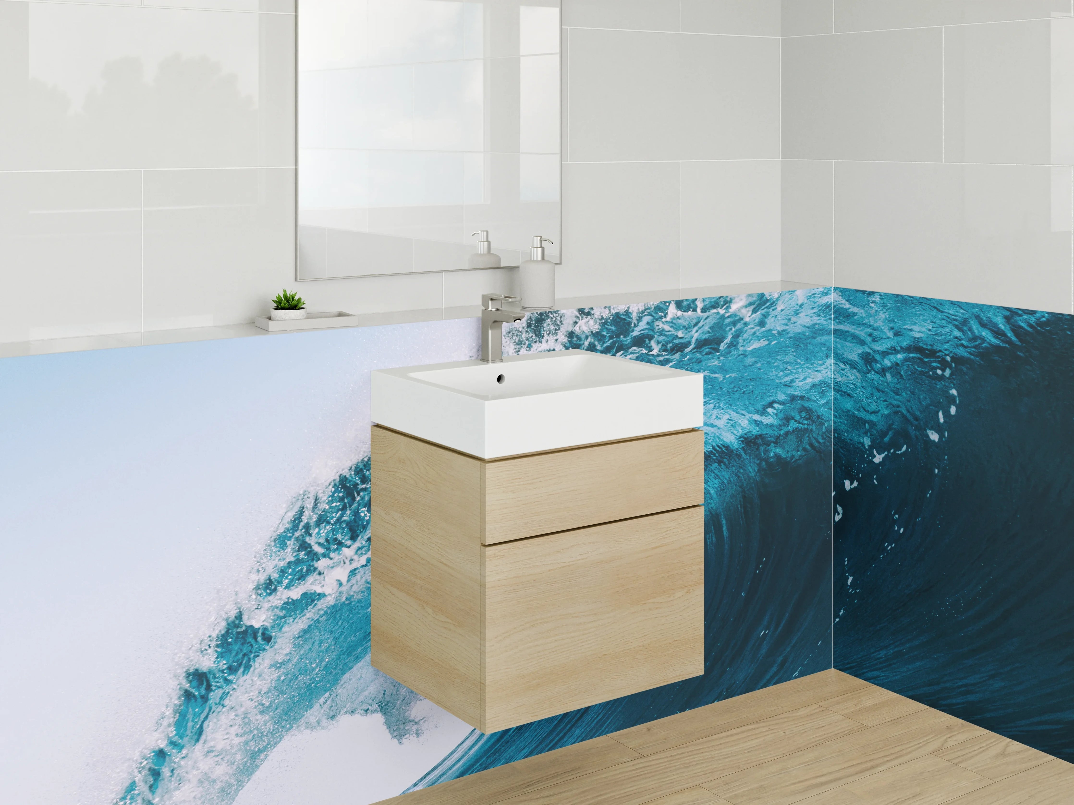 Waschbecken-Rückwand - Dynamische Wellenbewegung in Blau