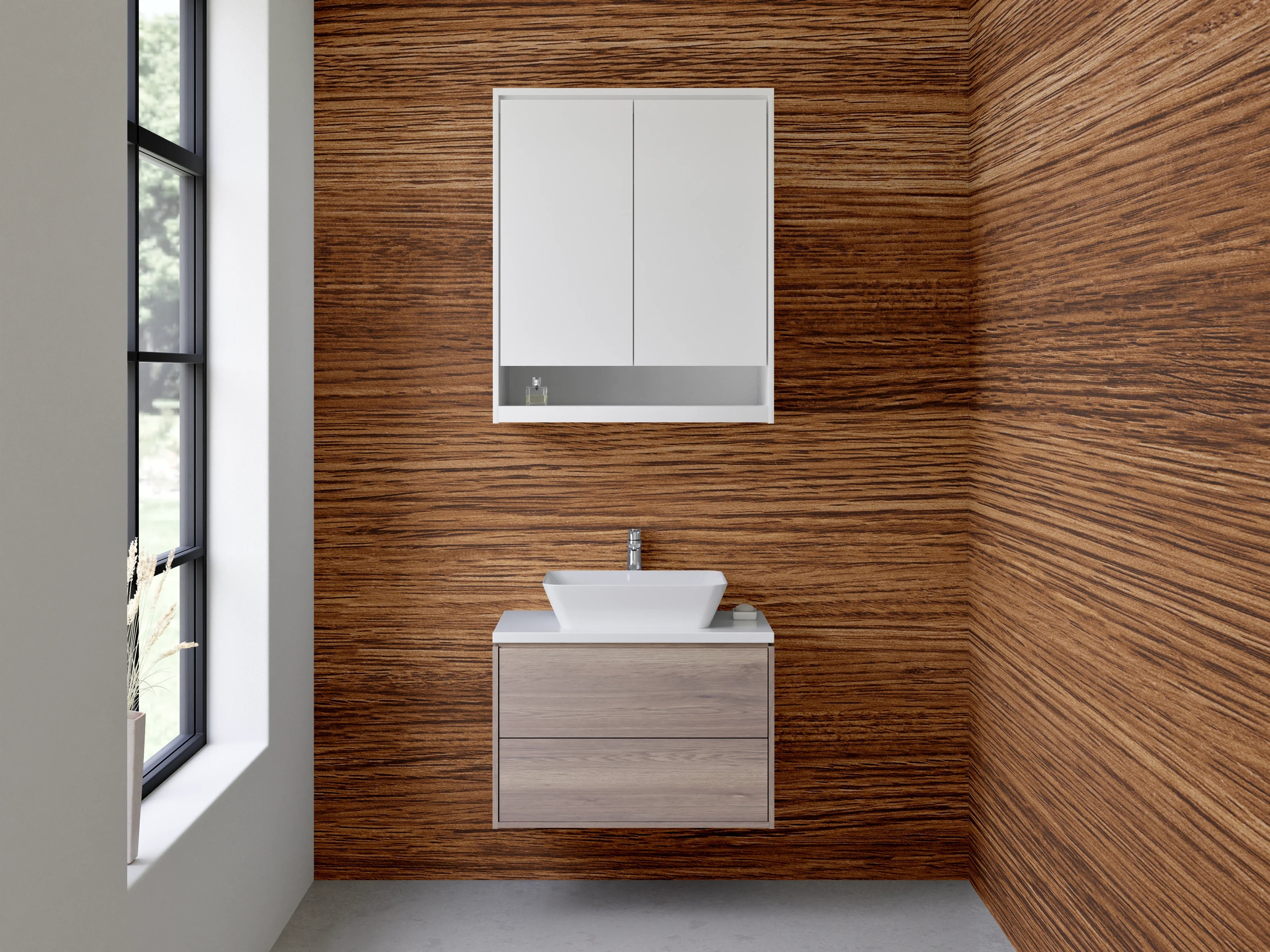 Waschbecken-Rückwand - Edle Holzmaserung in warmem Braun